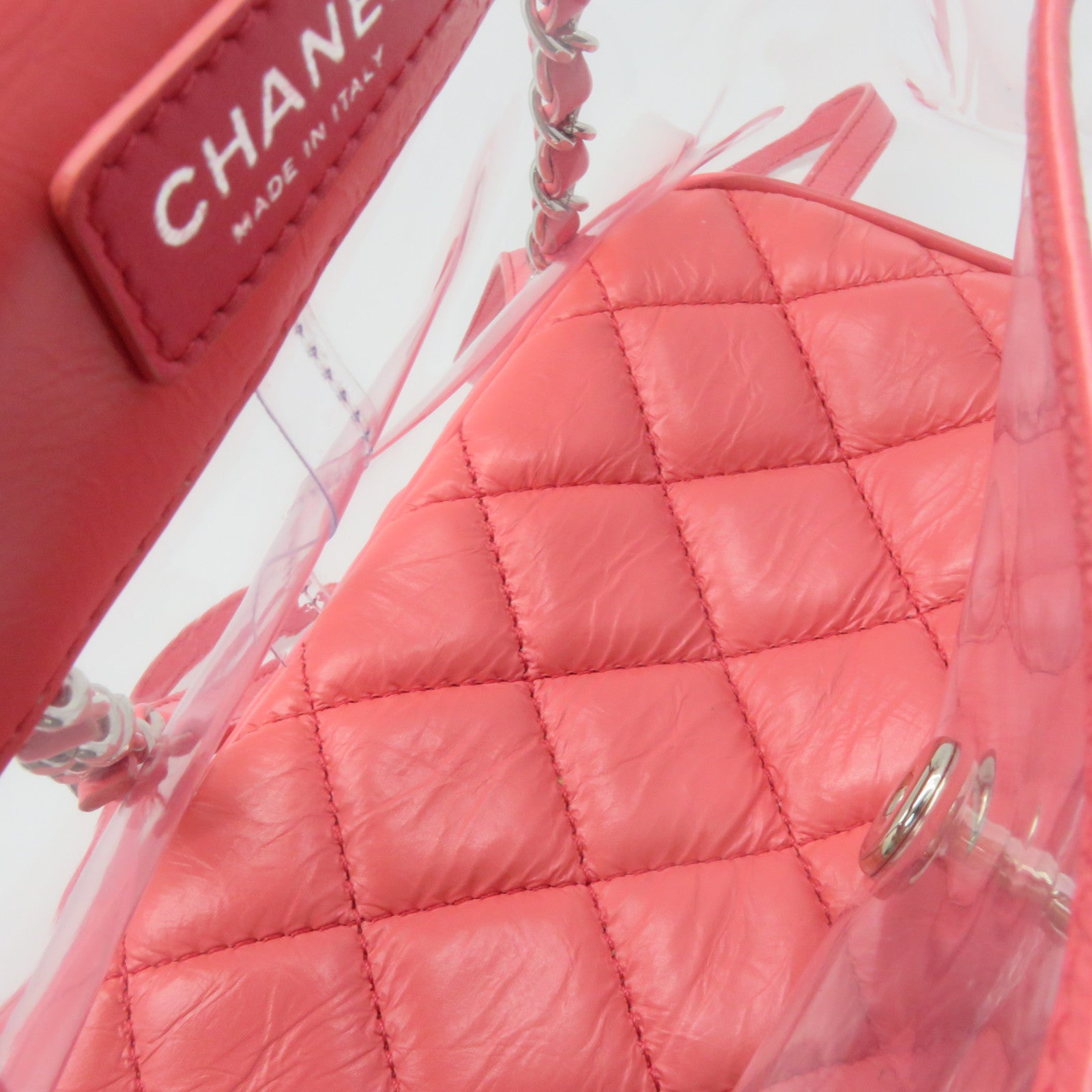 CHANEL 菱格牛皮皮革/PVC Backpack银扣背包粉红色