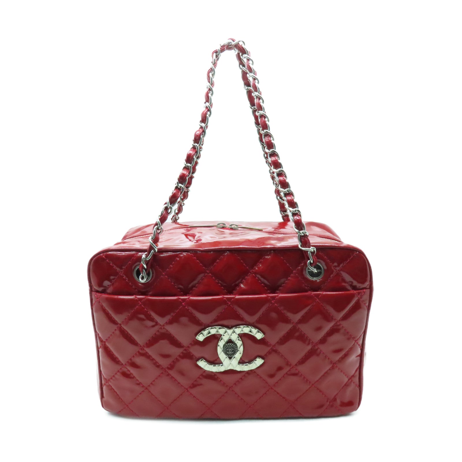 CHANEL 菱格漆皮皮革Shoulder Bag銀扣肩背袋紅色