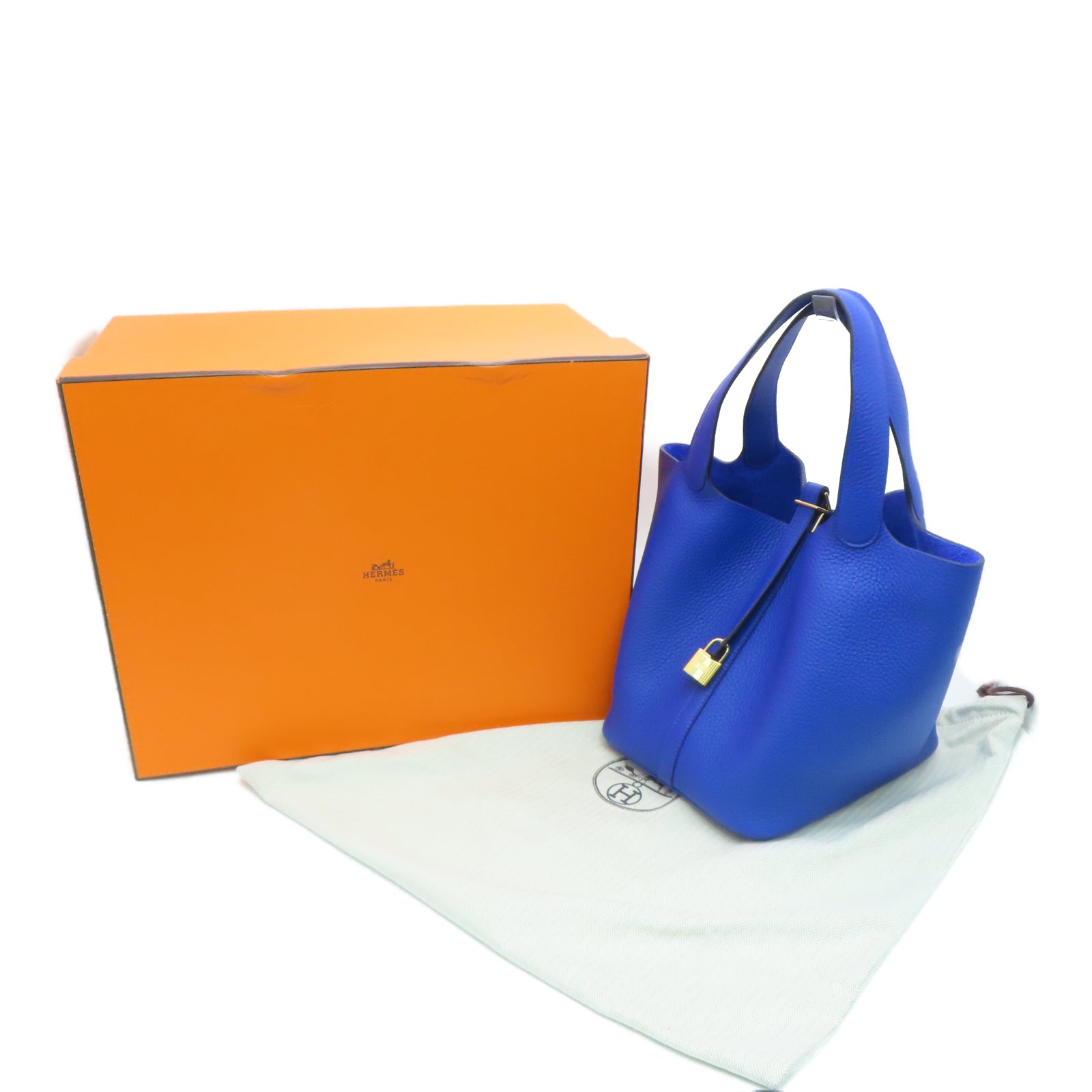 HERMES Taurillon Clemence Leather Picotin MM Gold Buckle Handle Bag Royal Blue