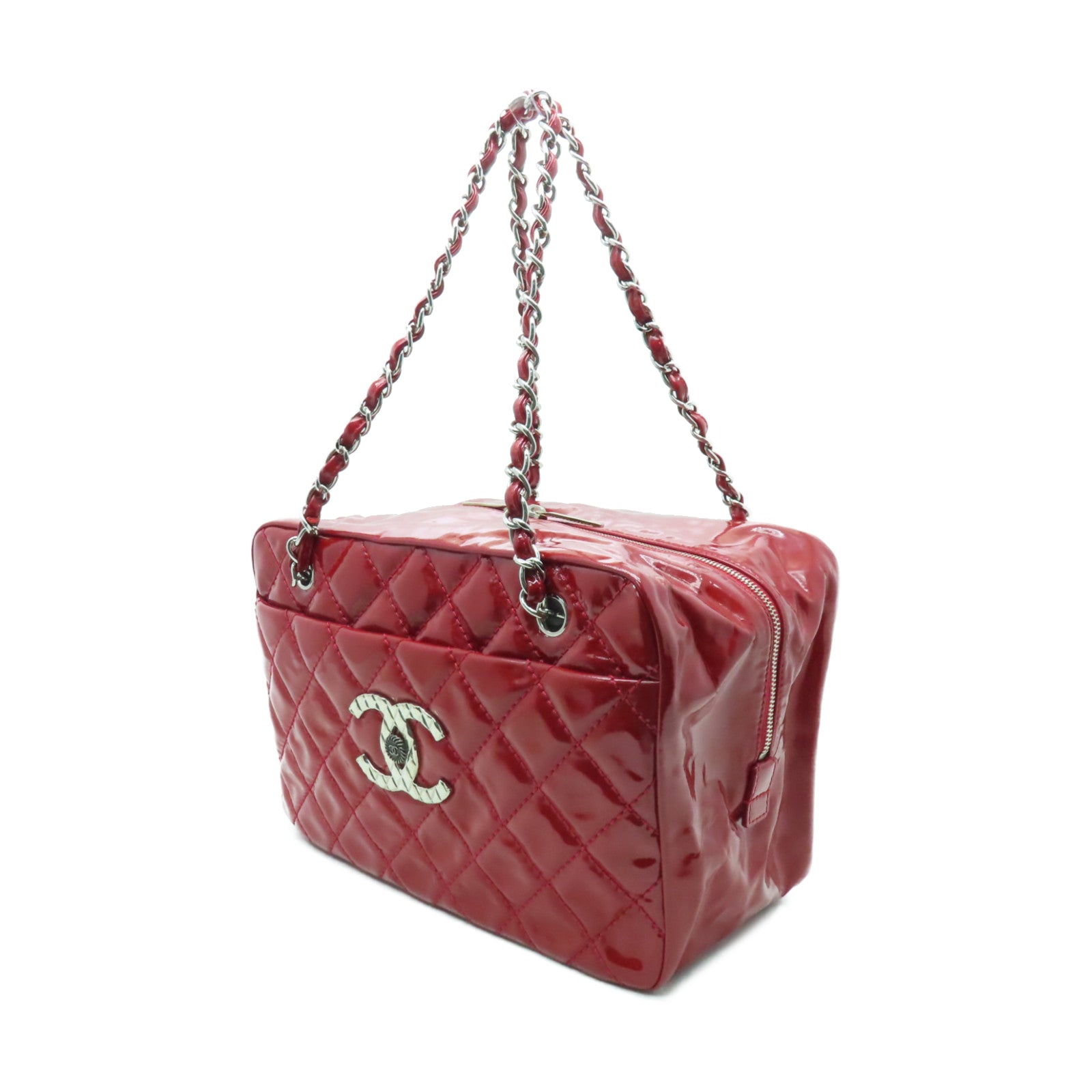 CHANEL 菱格漆皮皮革Shoulder Bag銀扣肩背袋紅色