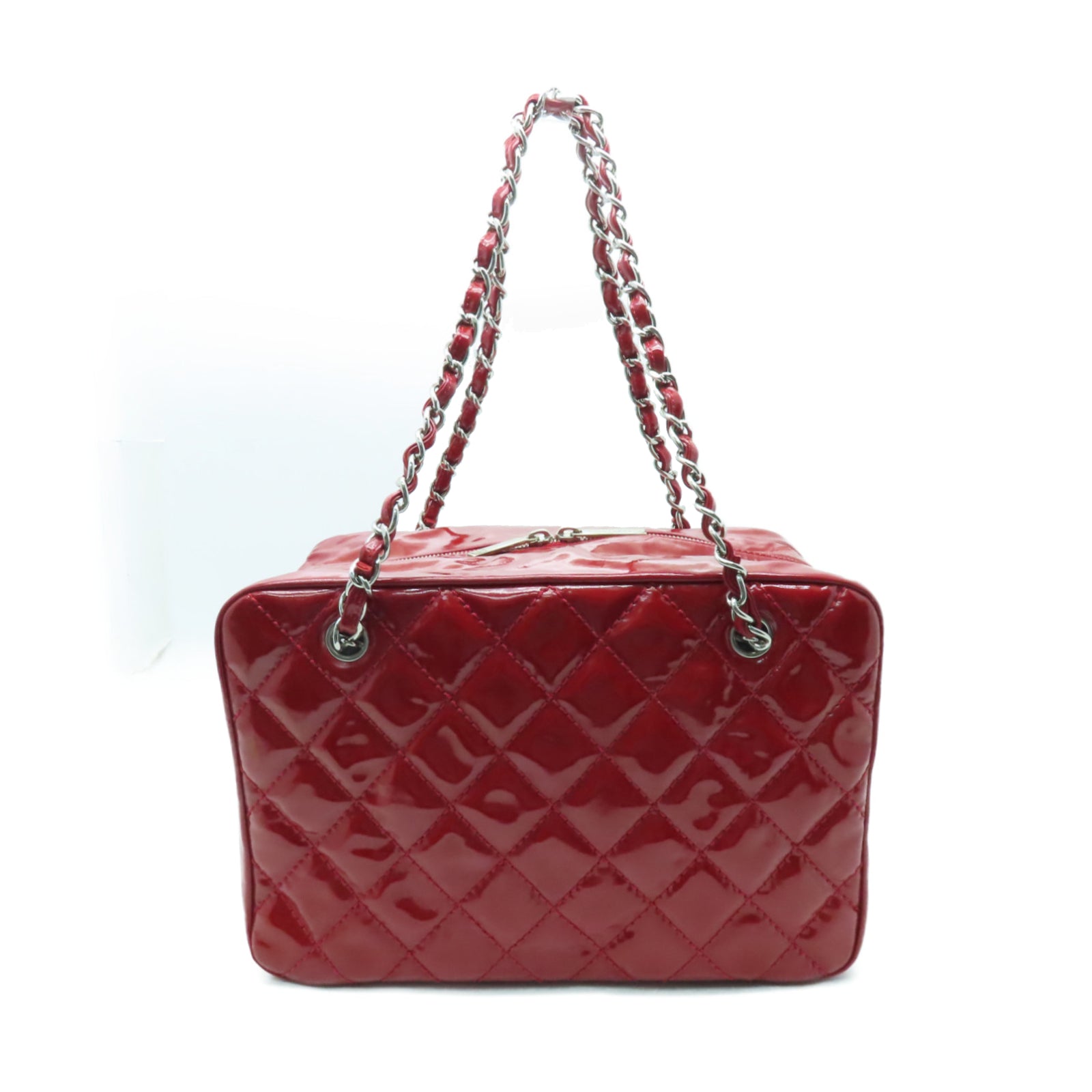 CHANEL 菱格漆皮皮革Shoulder Bag銀扣肩背袋紅色