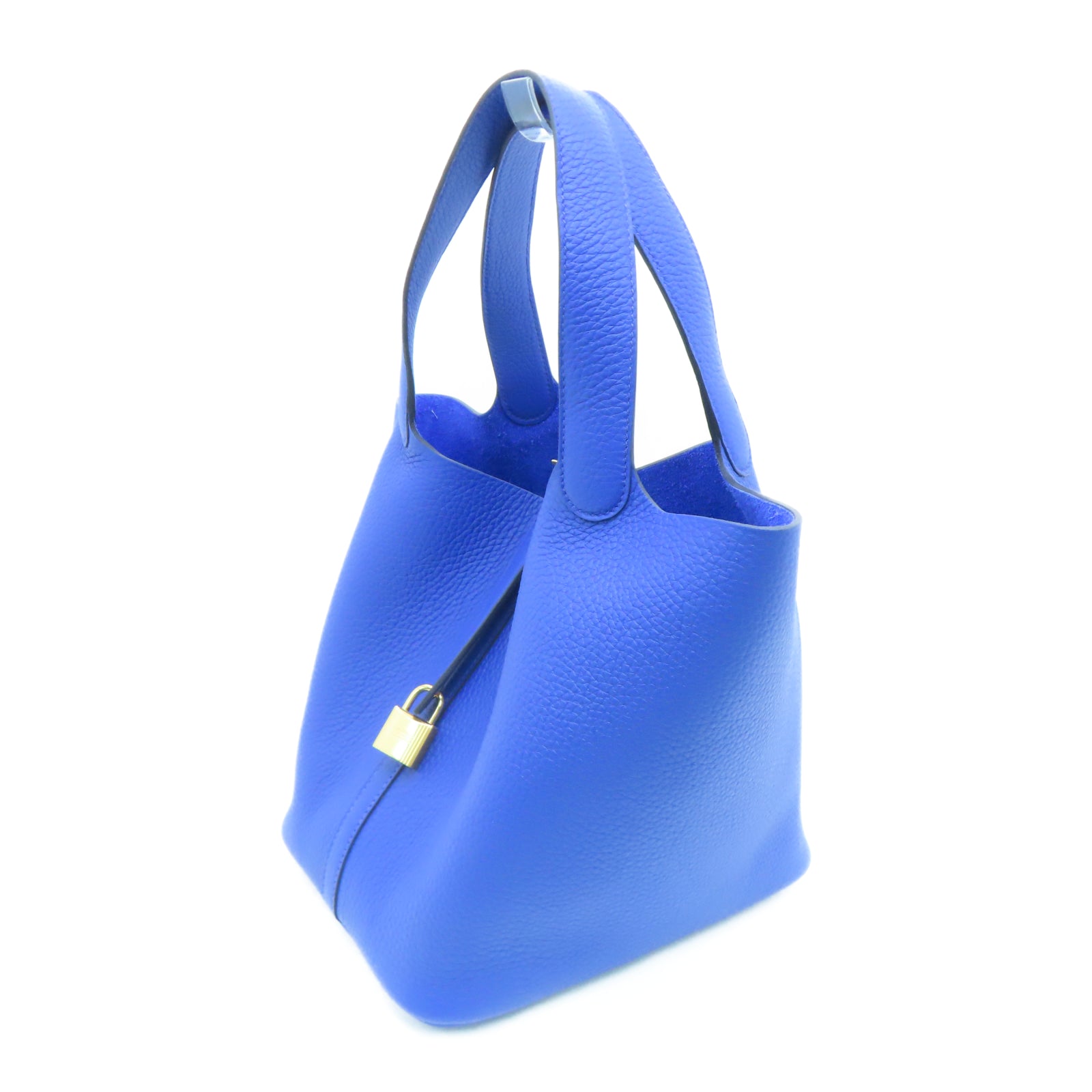 HERMES Taurillon Clemence Leather Picotin MM Gold Buckle Handle Bag Royal Blue