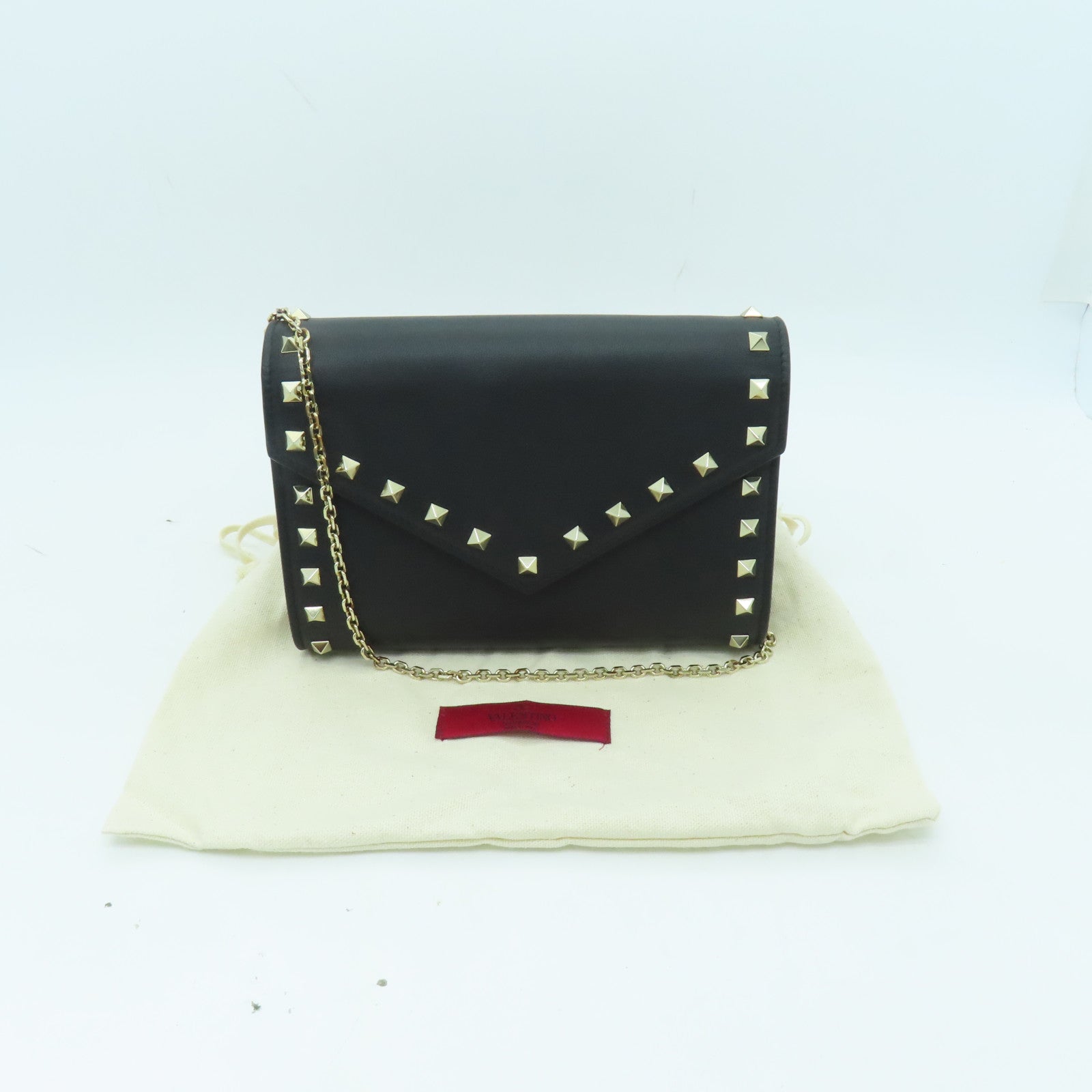 Valentino 牛皮皮革Chain Shoulder金扣鏈帶肩背袋黑色