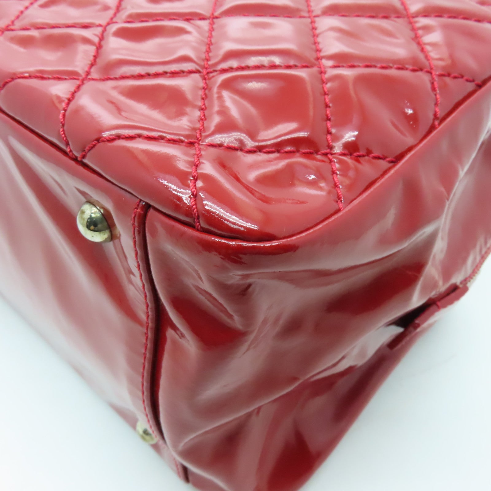 CHANEL 菱格漆皮皮革Shoulder Bag銀扣肩背袋紅色