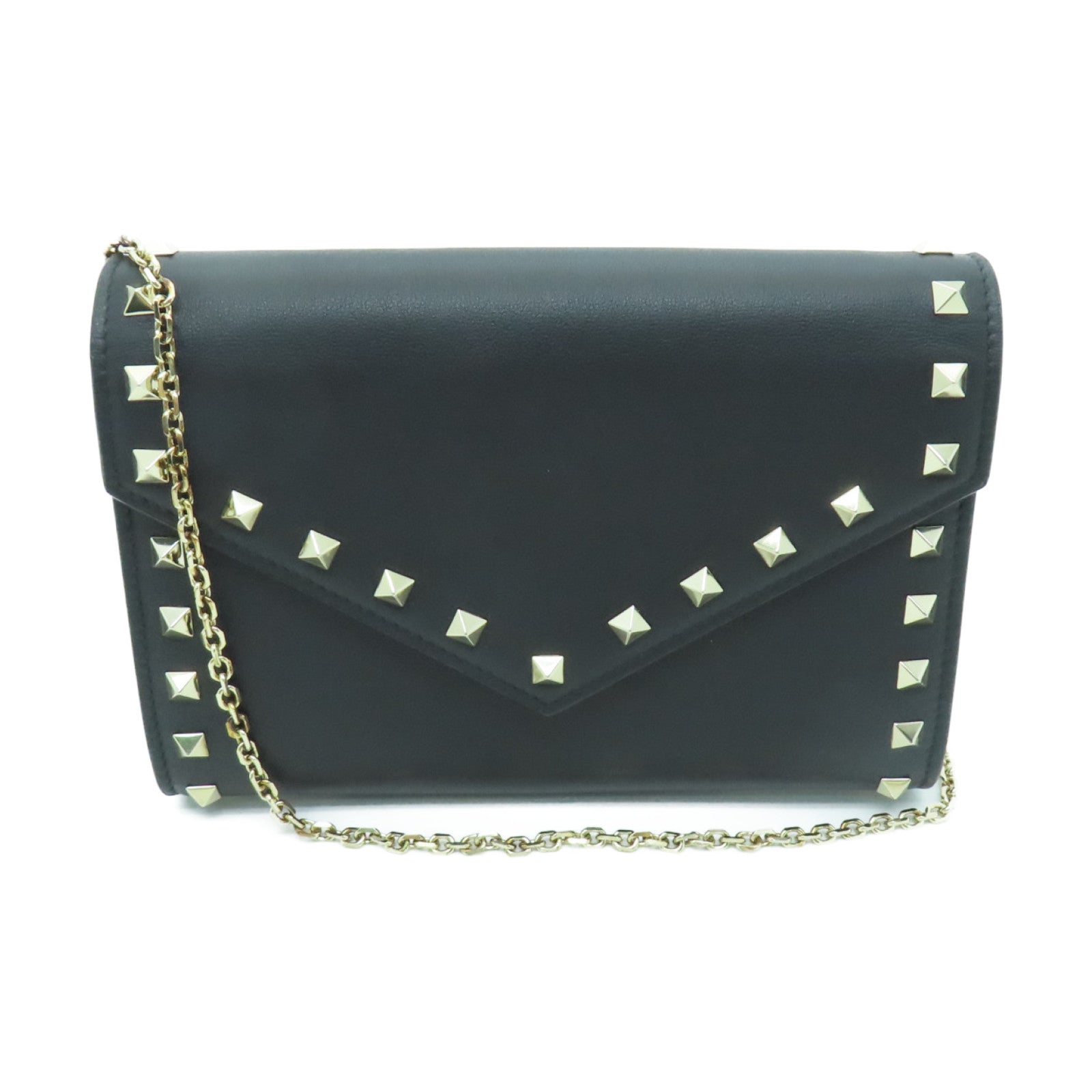 Valentino 牛皮皮革Chain Shoulder金扣鏈帶肩背袋黑色