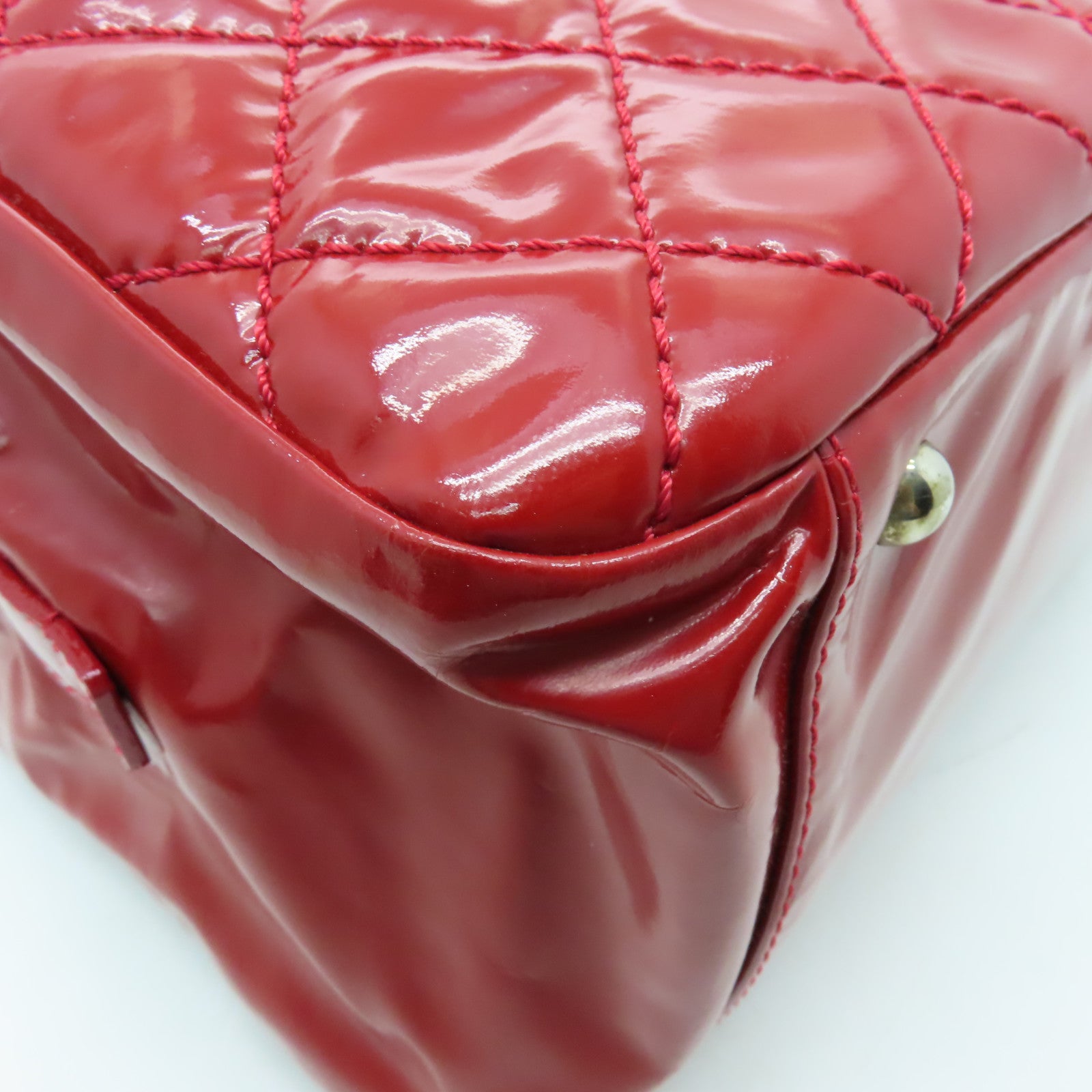 CHANEL 菱格漆皮皮革Shoulder Bag銀扣肩背袋紅色