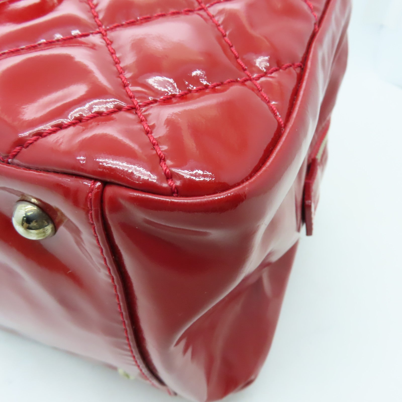 CHANEL 菱格漆皮皮革Shoulder Bag銀扣肩背袋紅色