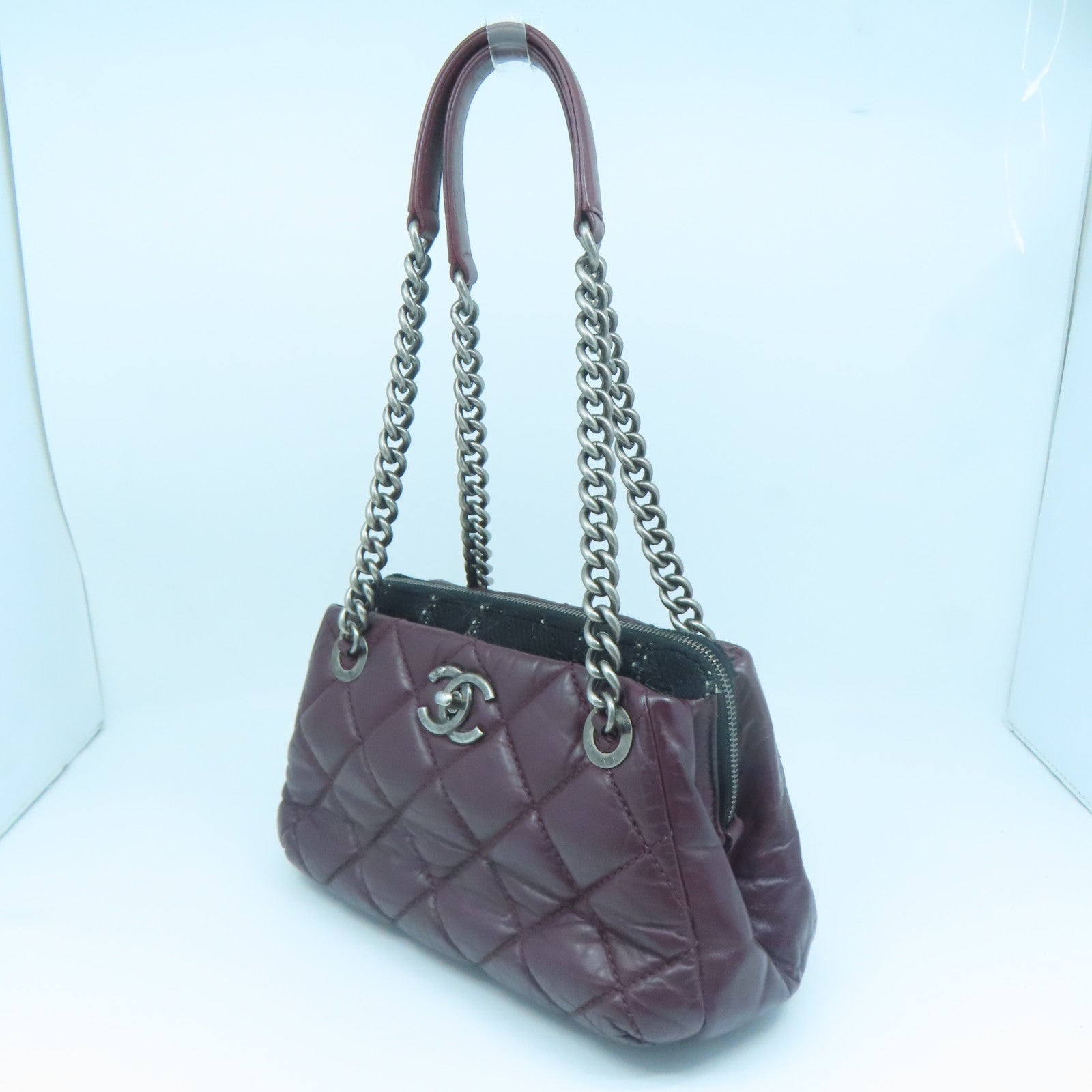 CHANEL 【激減優惠】菱格牛皮皮革Chain Shoulder Bag銀扣鏈帶肩背袋紅色