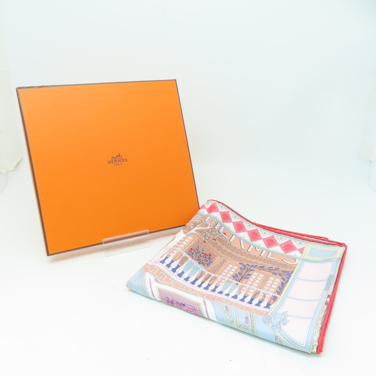 HERMES 絲質Scarf 90x90絲巾粉紅色/白色/紅色/灰色