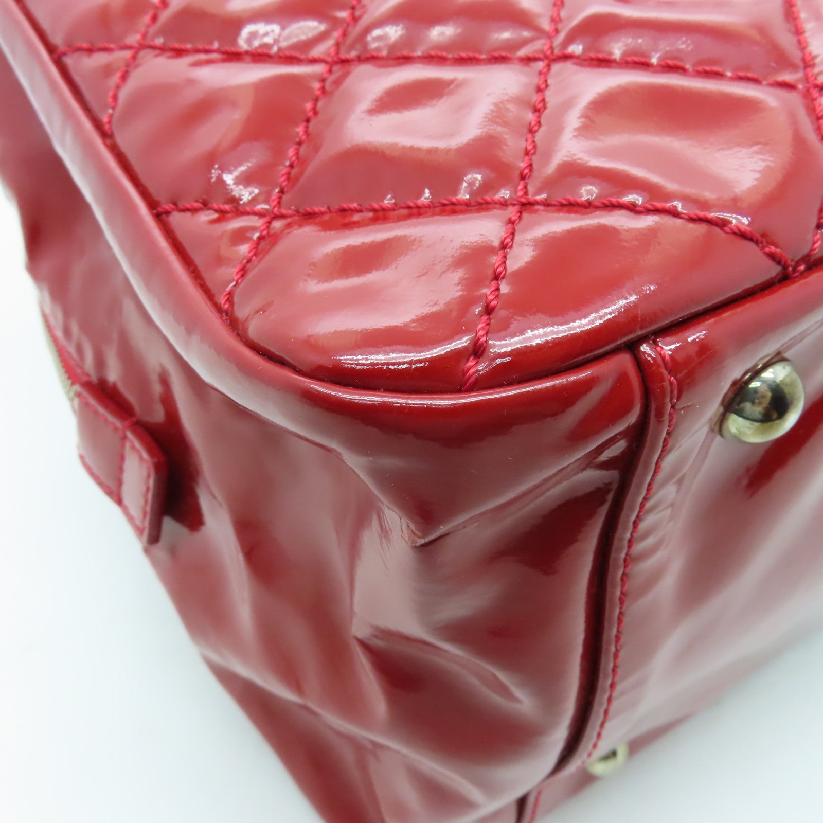 CHANEL 菱格漆皮皮革Shoulder Bag銀扣肩背袋紅色