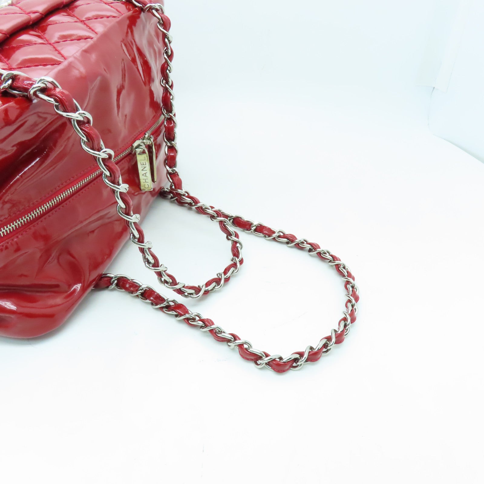 CHANEL 菱格漆皮皮革Shoulder Bag銀扣肩背袋紅色