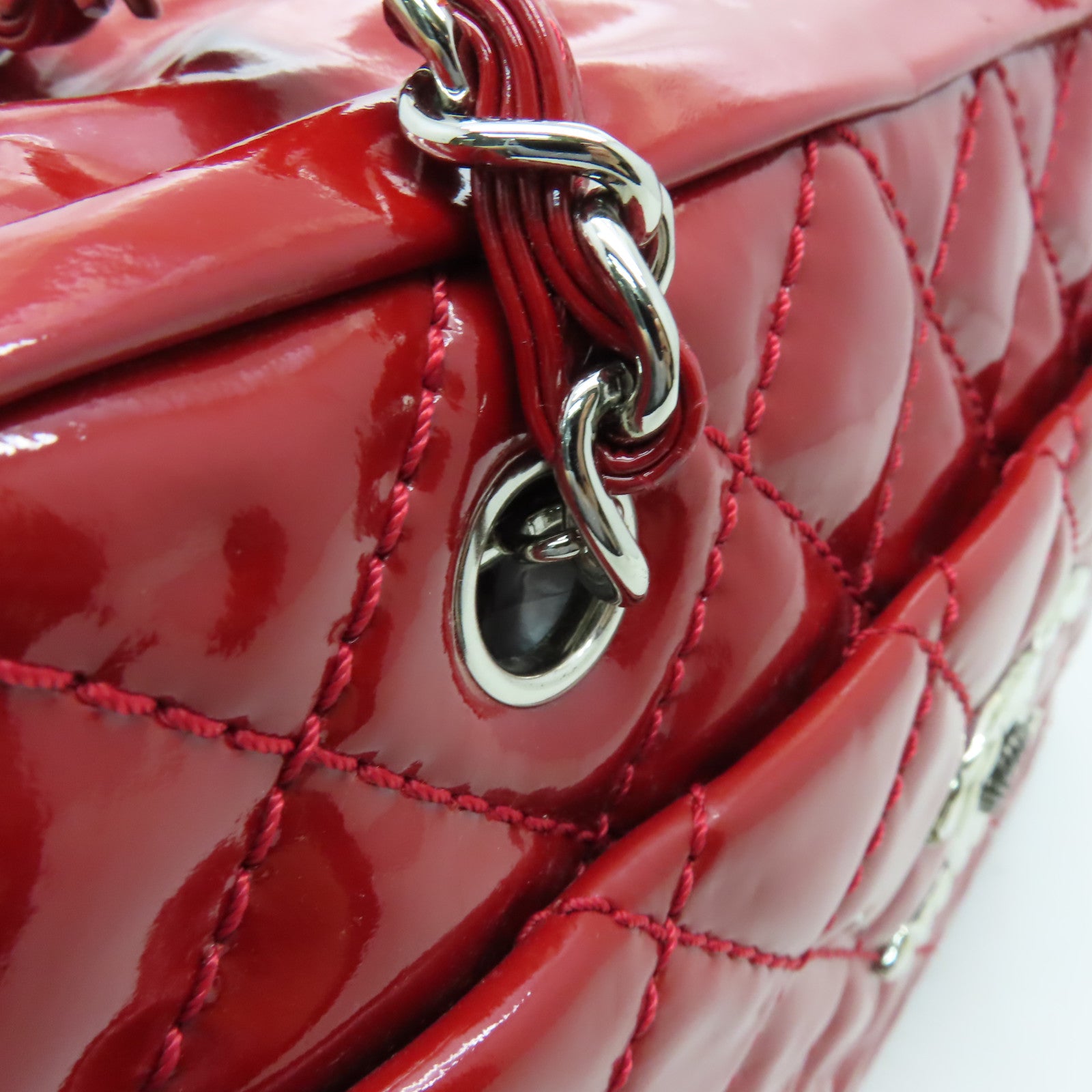 CHANEL 菱格漆皮皮革Shoulder Bag銀扣肩背袋紅色