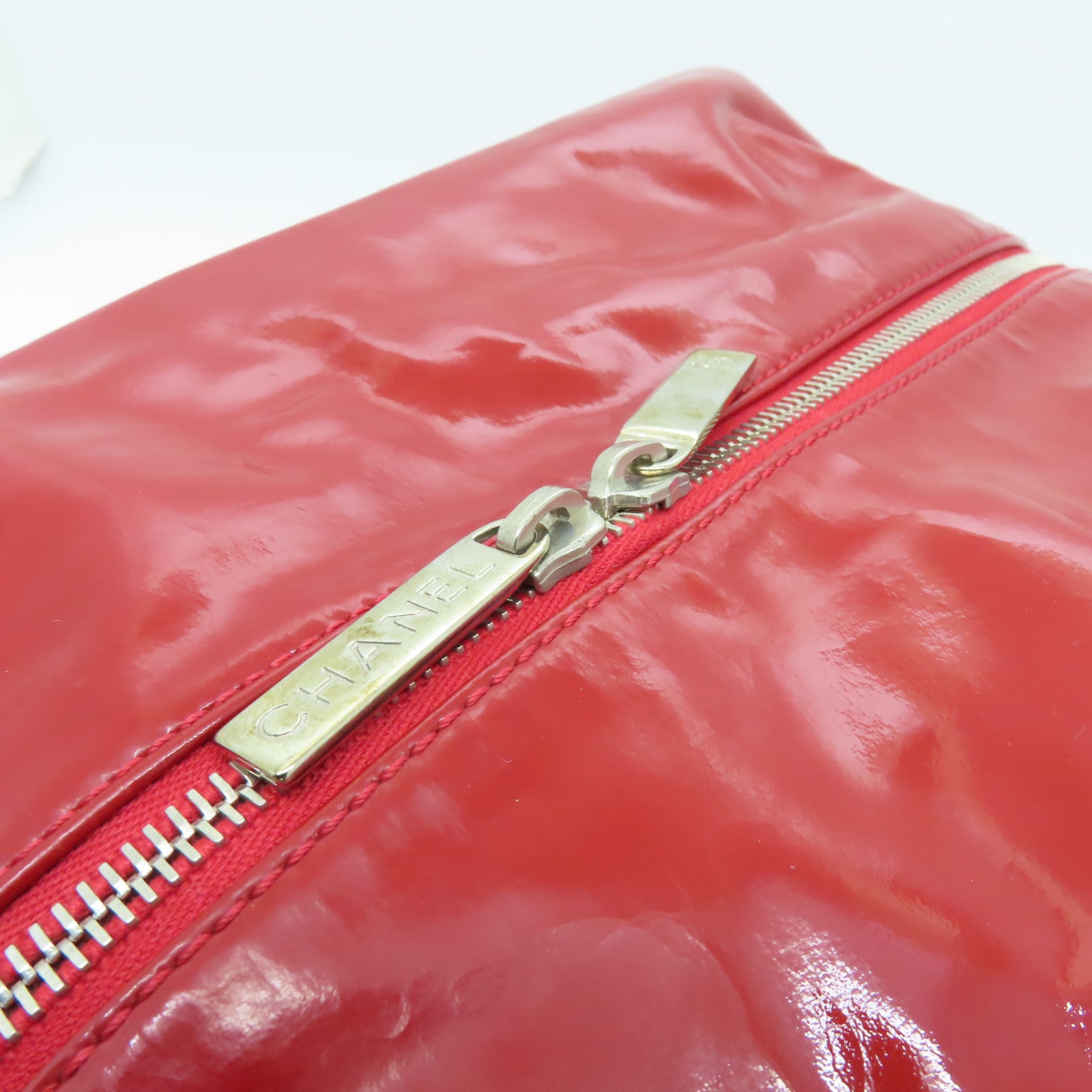CHANEL 菱格漆皮皮革Shoulder Bag銀扣肩背袋紅色