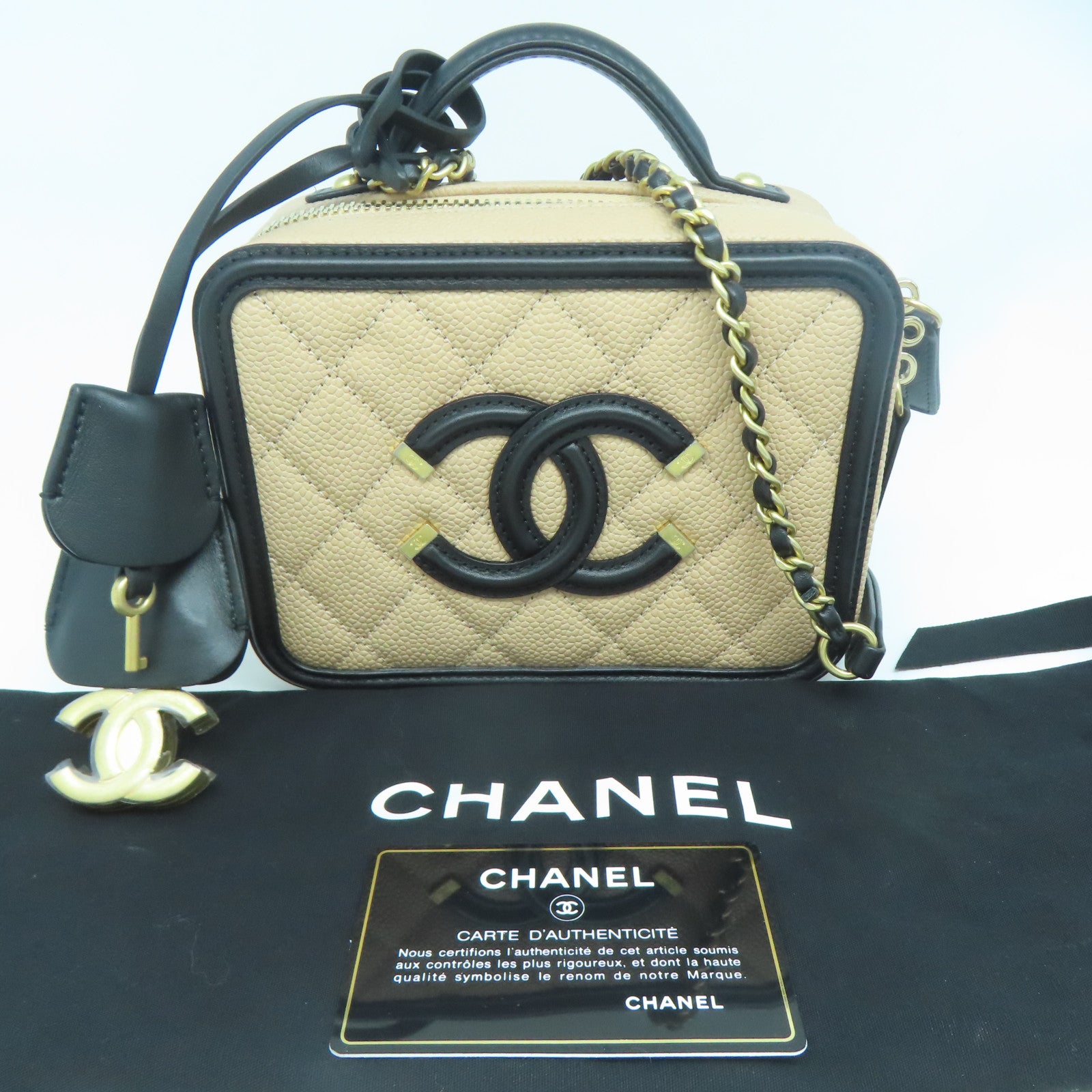 CHANEL 【激減優惠】菱格Caviar皮革Vanity Case金扣手挽肩背兩用袋淺褐色