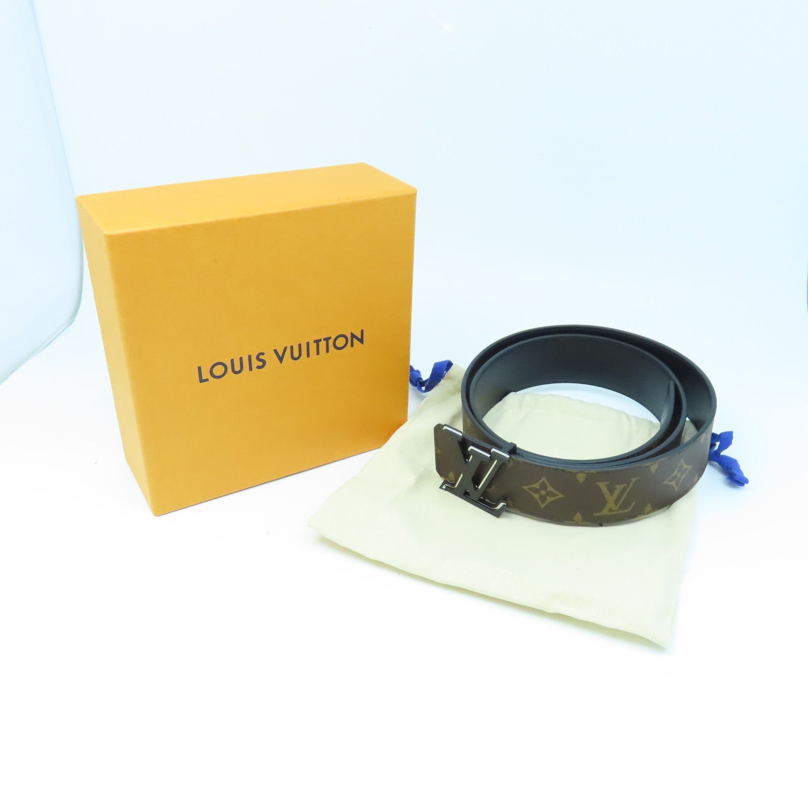 LOUIS VUITTON Monogram Macassar塗層帆布Belt 95cm銀扣皮帶棕色