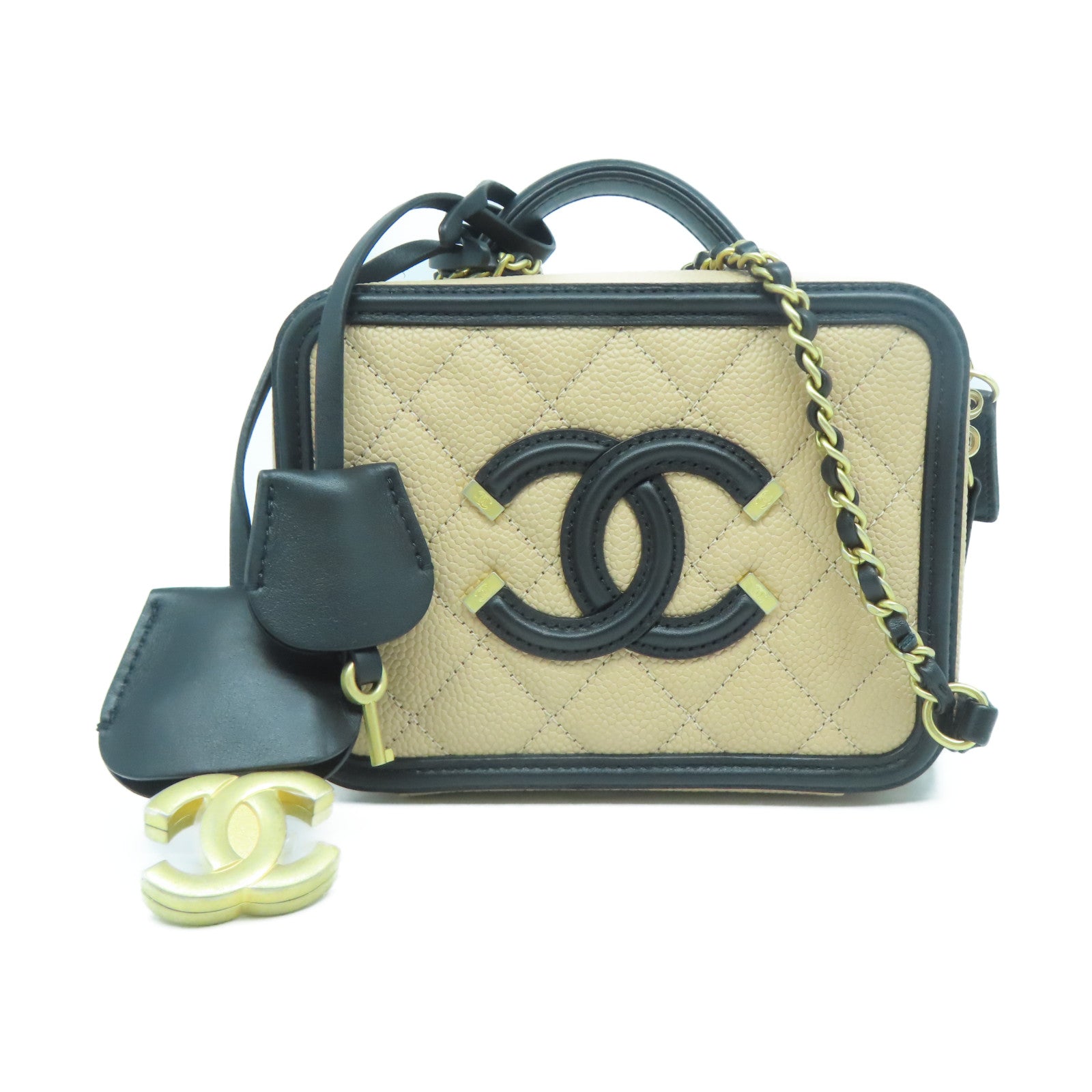 CHANEL 【激減優惠】菱格Caviar皮革Vanity Case金扣手挽肩背兩用袋淺褐色