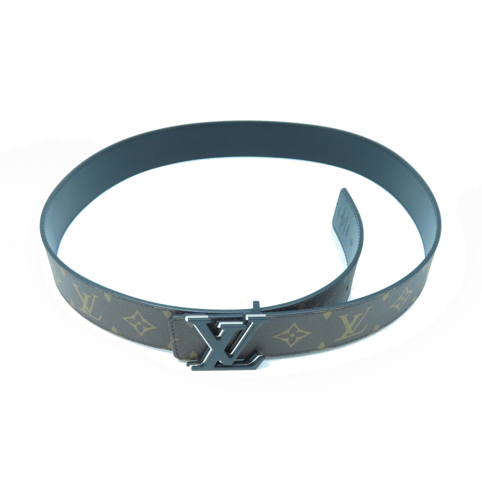 LOUIS VUITTON Monogram Macassar塗層帆布Belt 95cm銀扣皮帶棕色