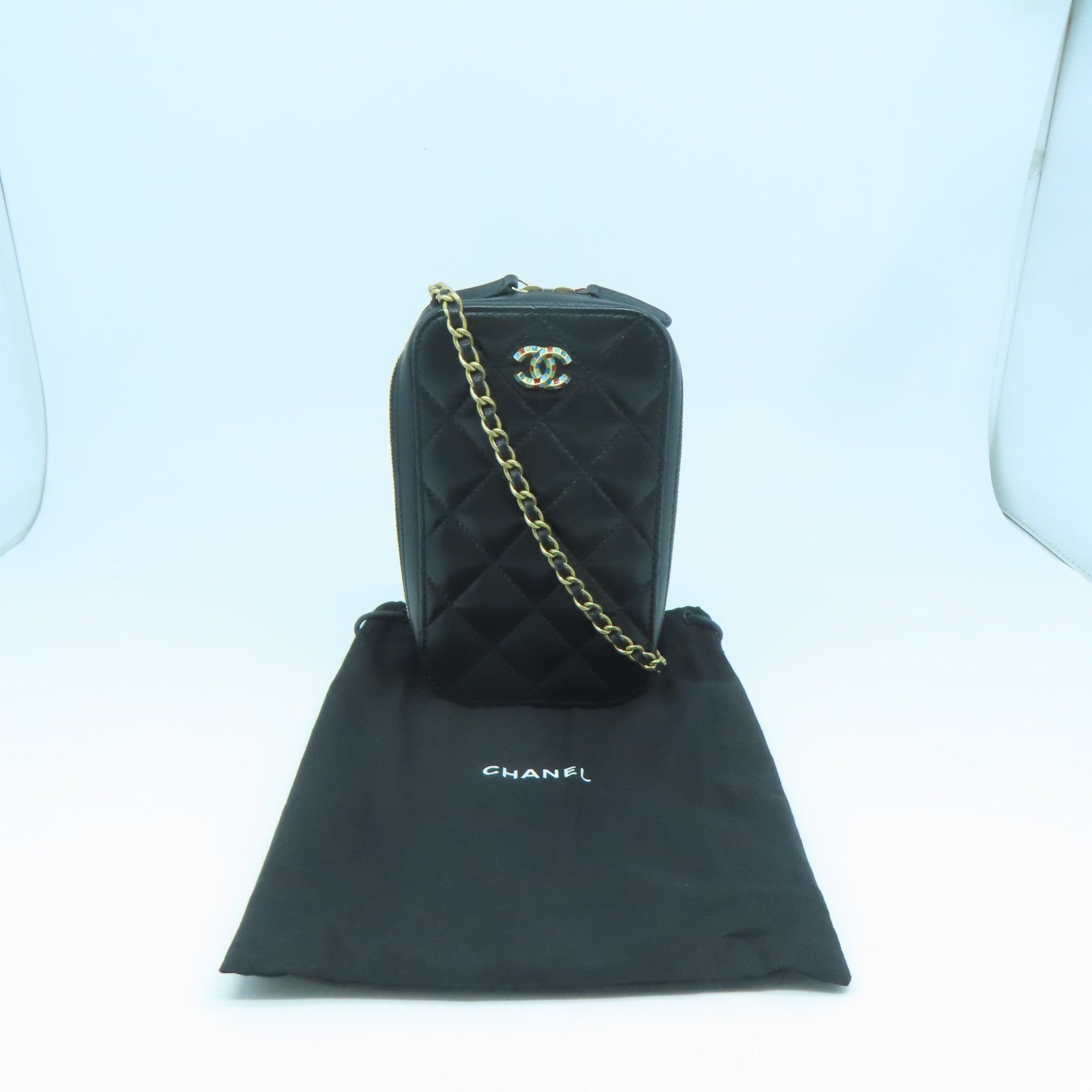 CHANEL 菱格羊皮皮革Shoulder Bag金扣鏈帶肩背袋黑色