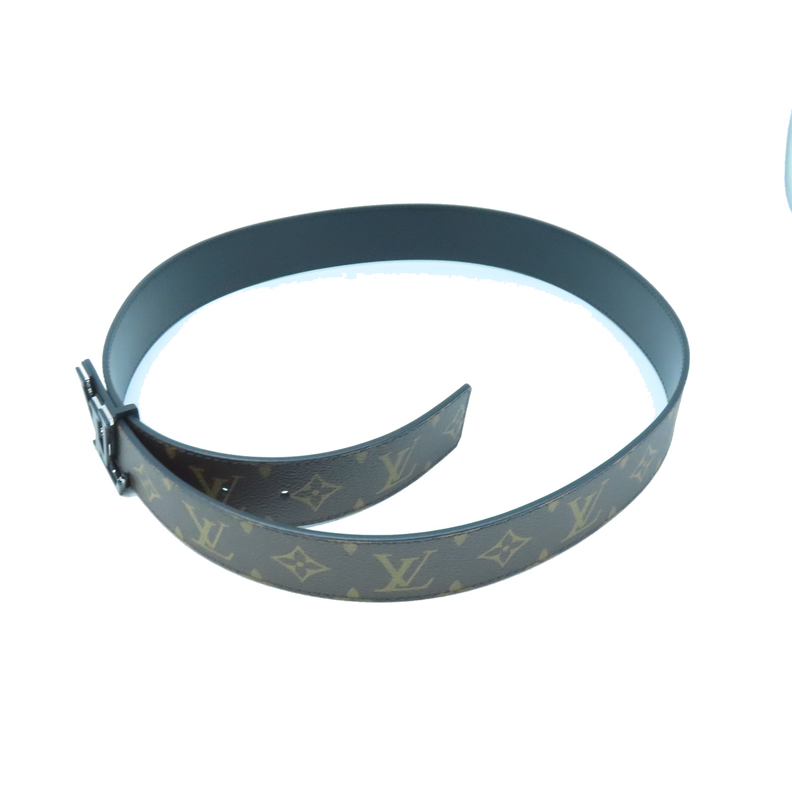 LOUIS VUITTON Monogram Macassar塗層帆布Belt 95cm銀扣皮帶棕色