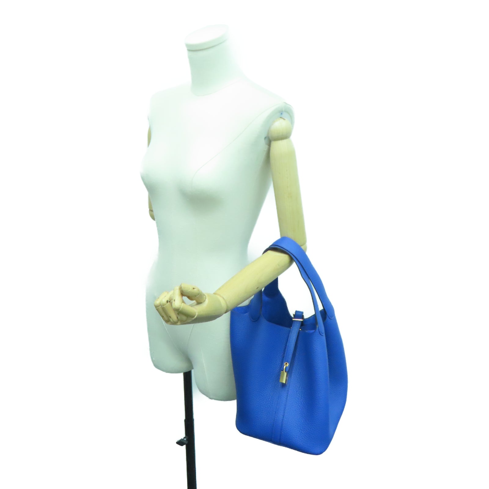 HERMES Taurillon Clemence Leather Picotin MM Gold Buckle Handle Bag Royal Blue