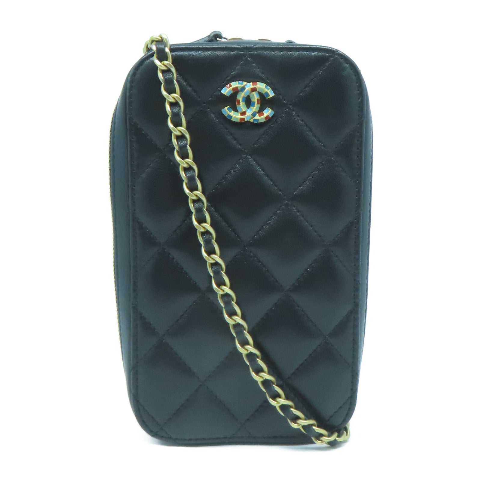 CHANEL 菱格羊皮皮革Shoulder Bag金扣鏈帶肩背袋黑色