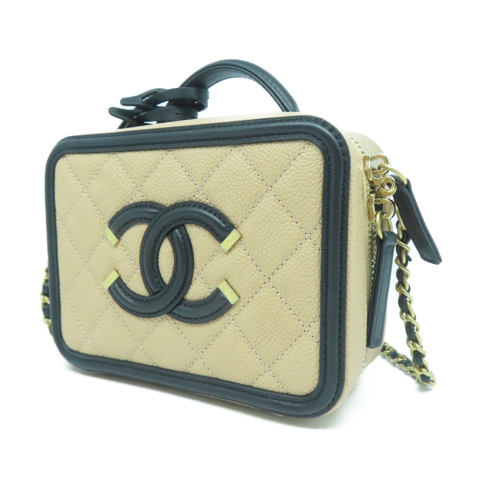 CHANEL 【激減優惠】菱格Caviar皮革Vanity Case金扣手挽肩背兩用袋淺褐色