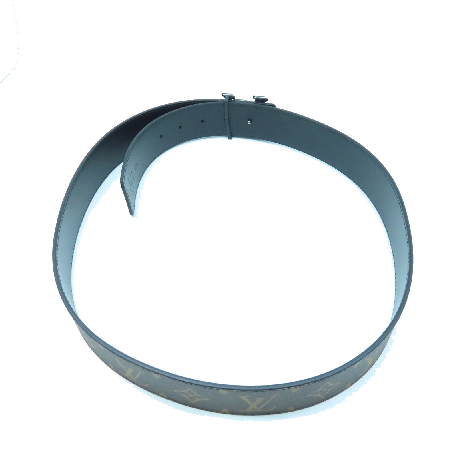LOUIS VUITTON Monogram Macassar塗層帆布Belt 95cm銀扣皮帶棕色