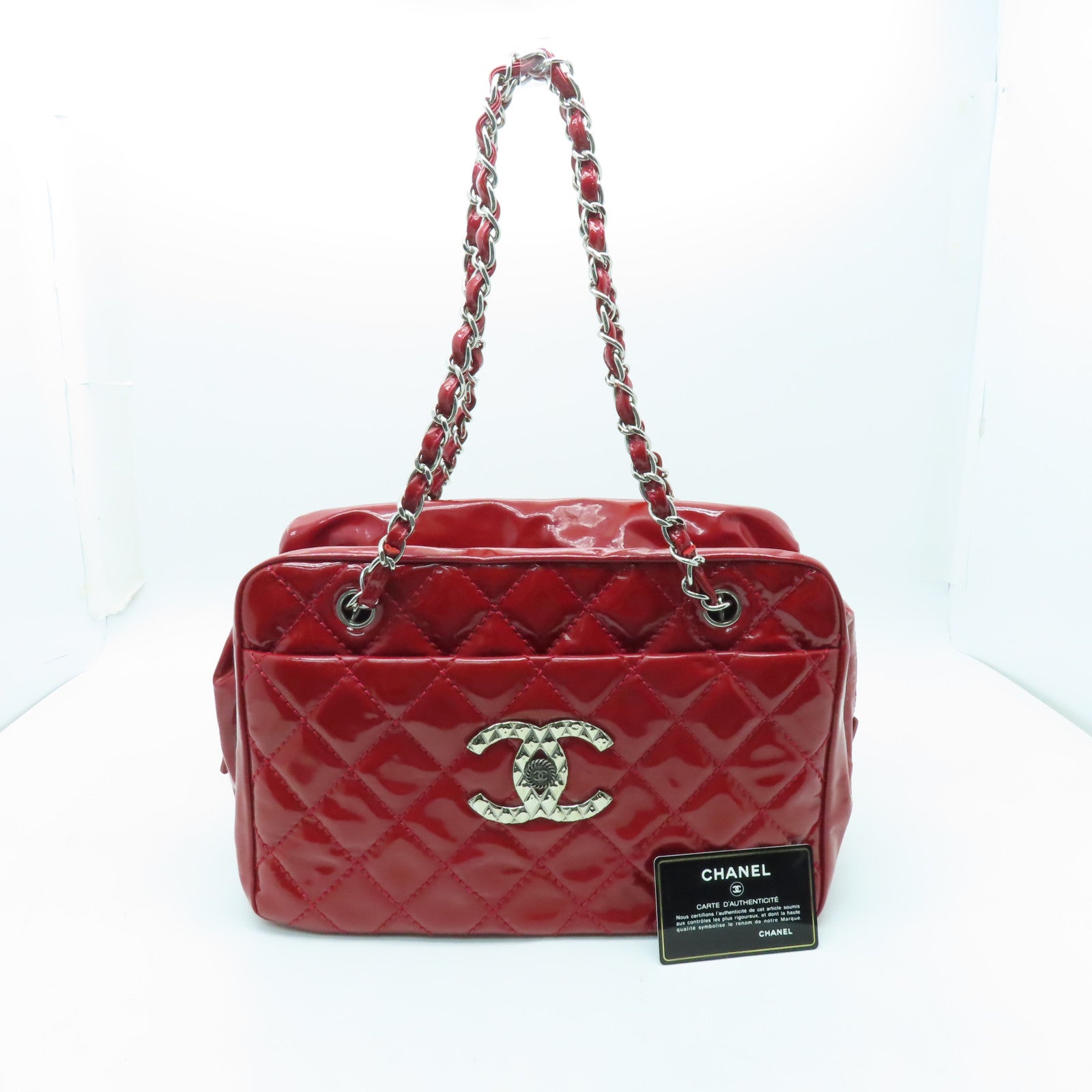 CHANEL 菱格漆皮皮革Shoulder Bag銀扣肩背袋紅色