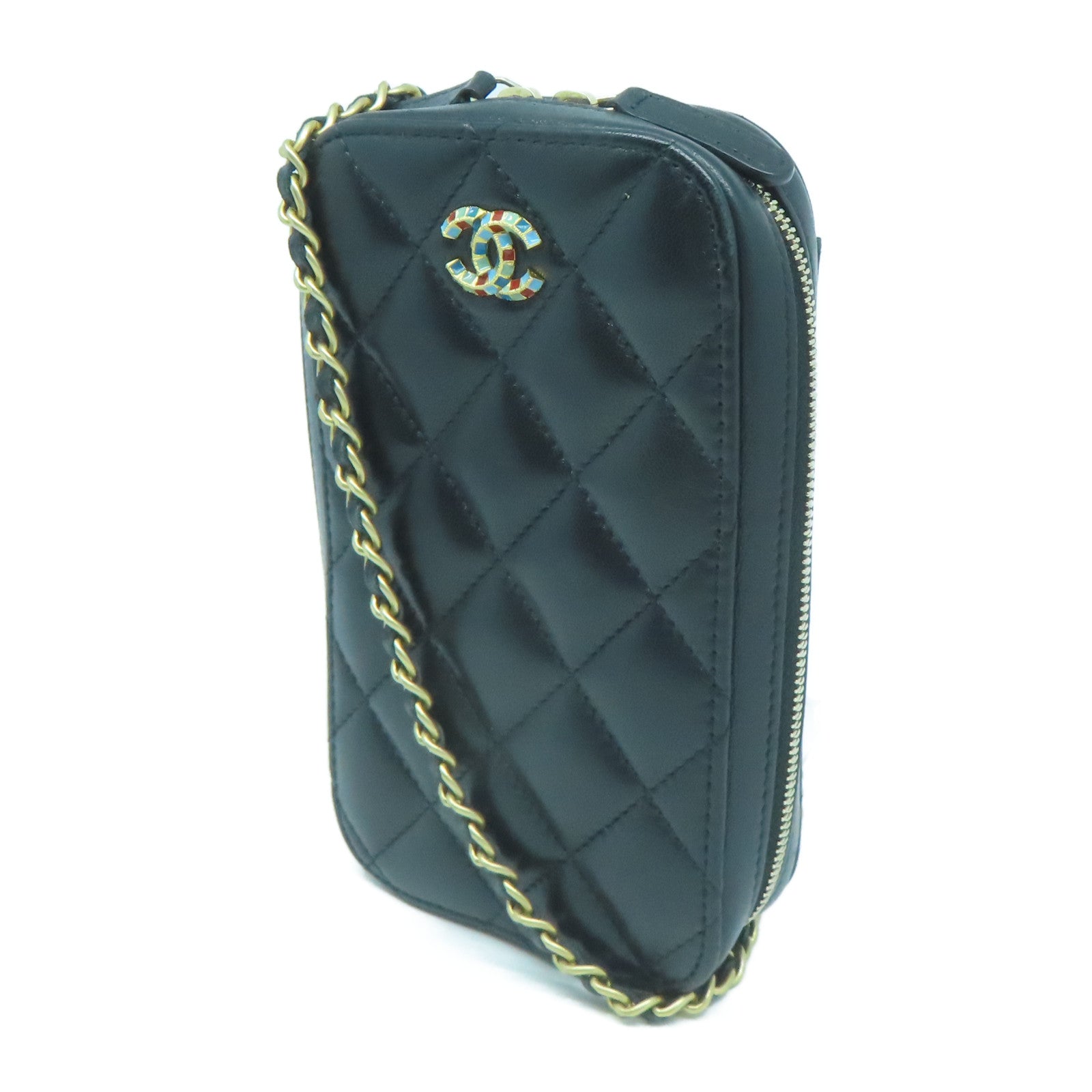 CHANEL 菱格羊皮皮革Shoulder Bag金扣鏈帶肩背袋黑色