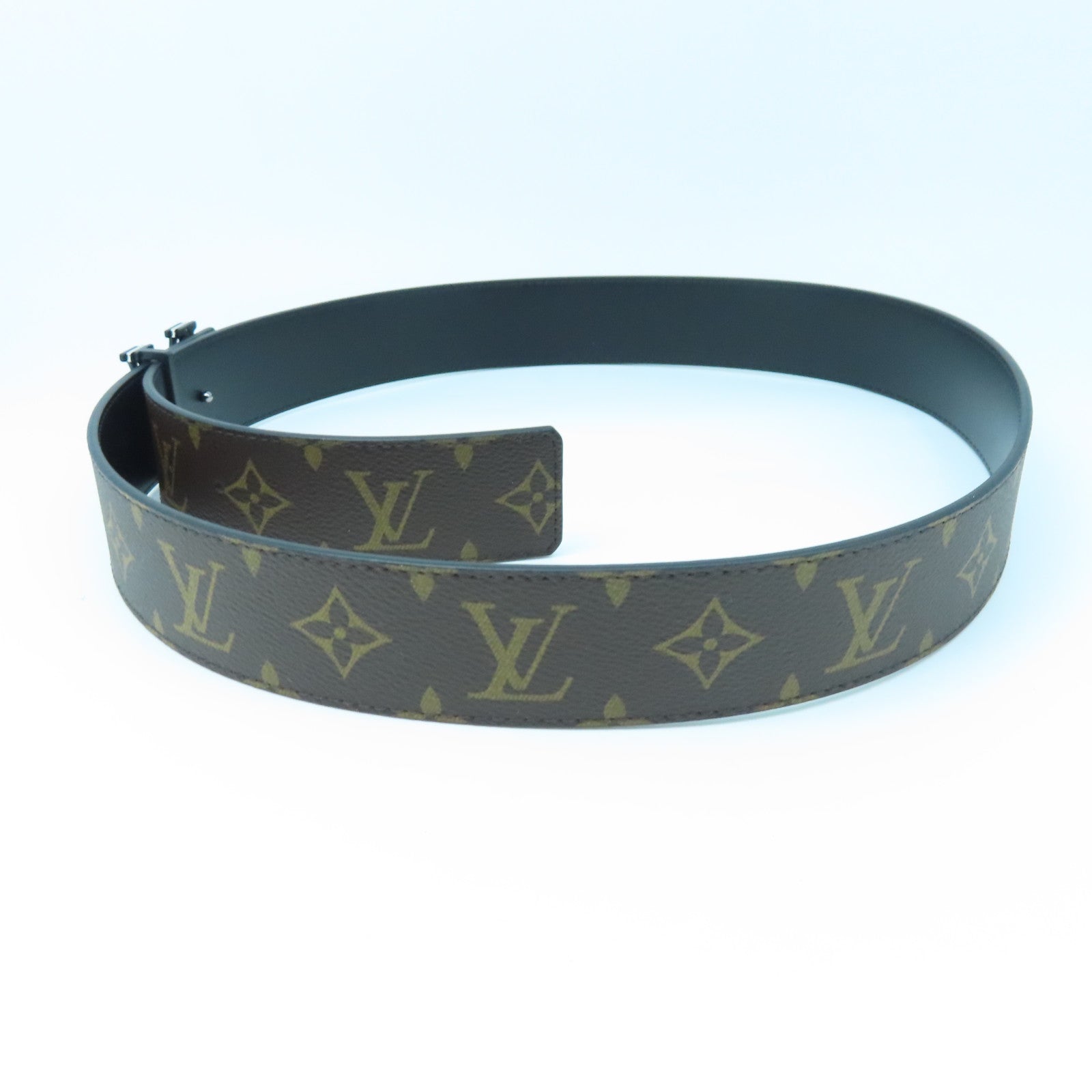 LOUIS VUITTON Monogram Macassar塗層帆布Belt 95cm銀扣皮帶棕色