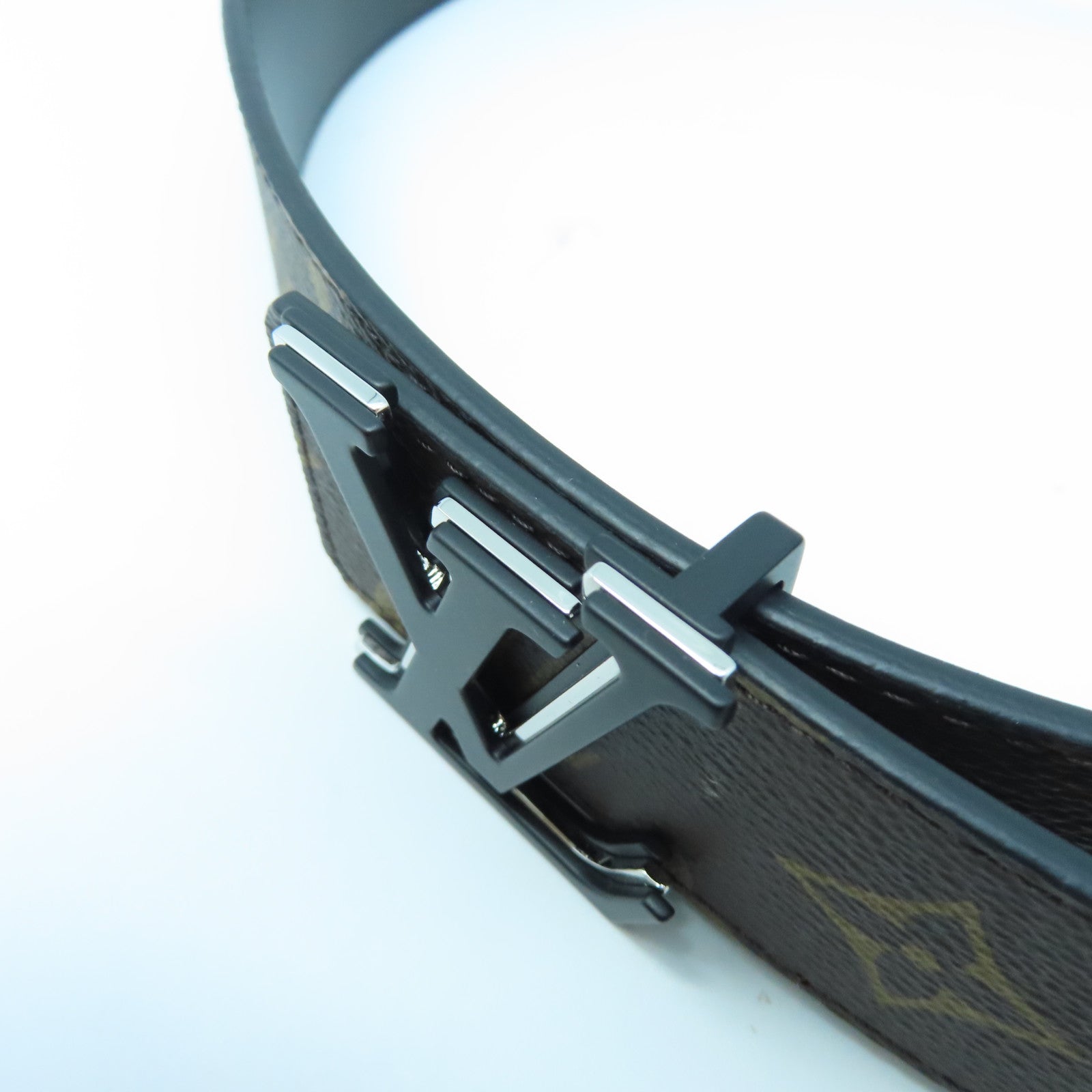 LOUIS VUITTON Monogram Macassar塗層帆布Belt 95cm銀扣皮帶棕色