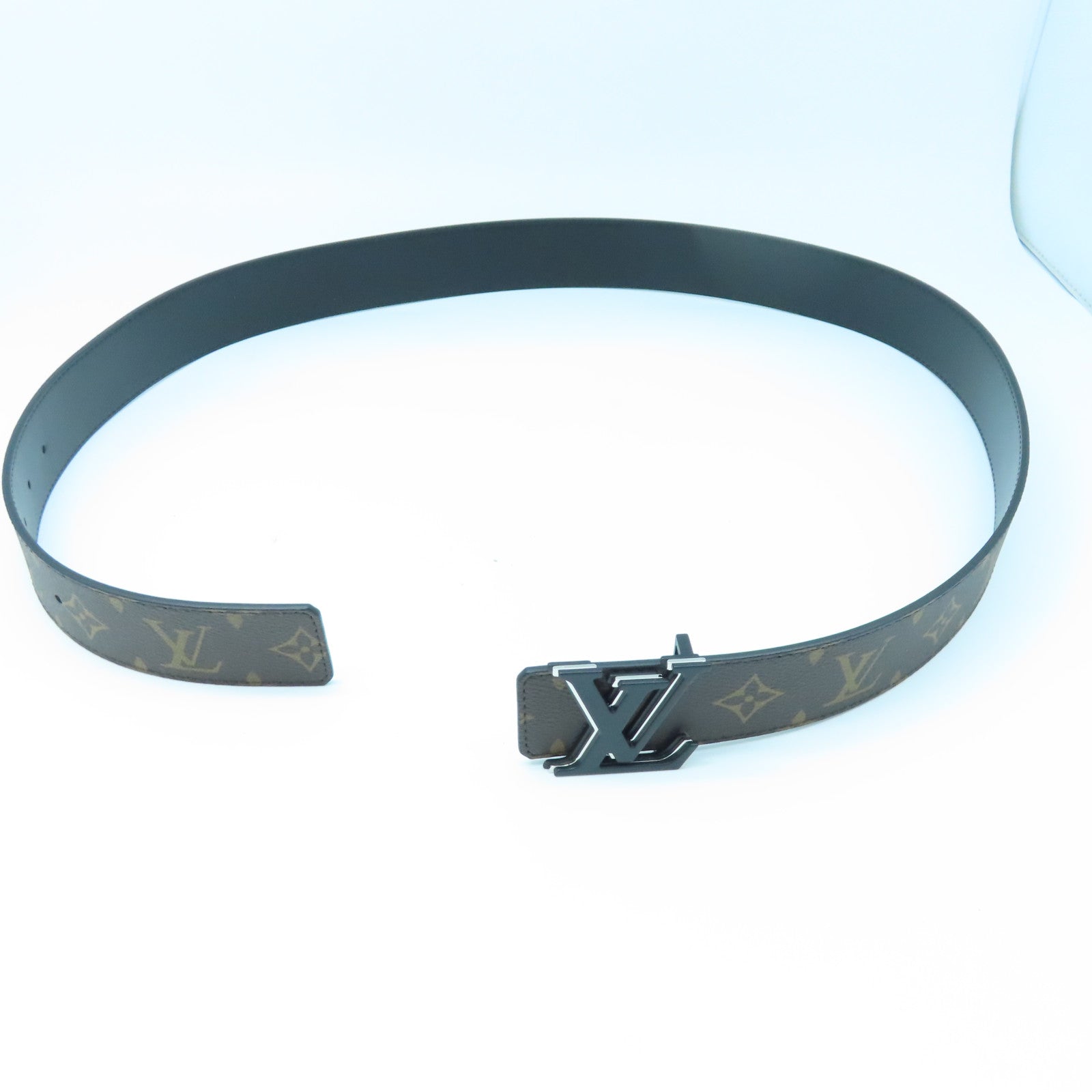 LOUIS VUITTON Monogram Macassar塗層帆布Belt 95cm銀扣皮帶棕色
