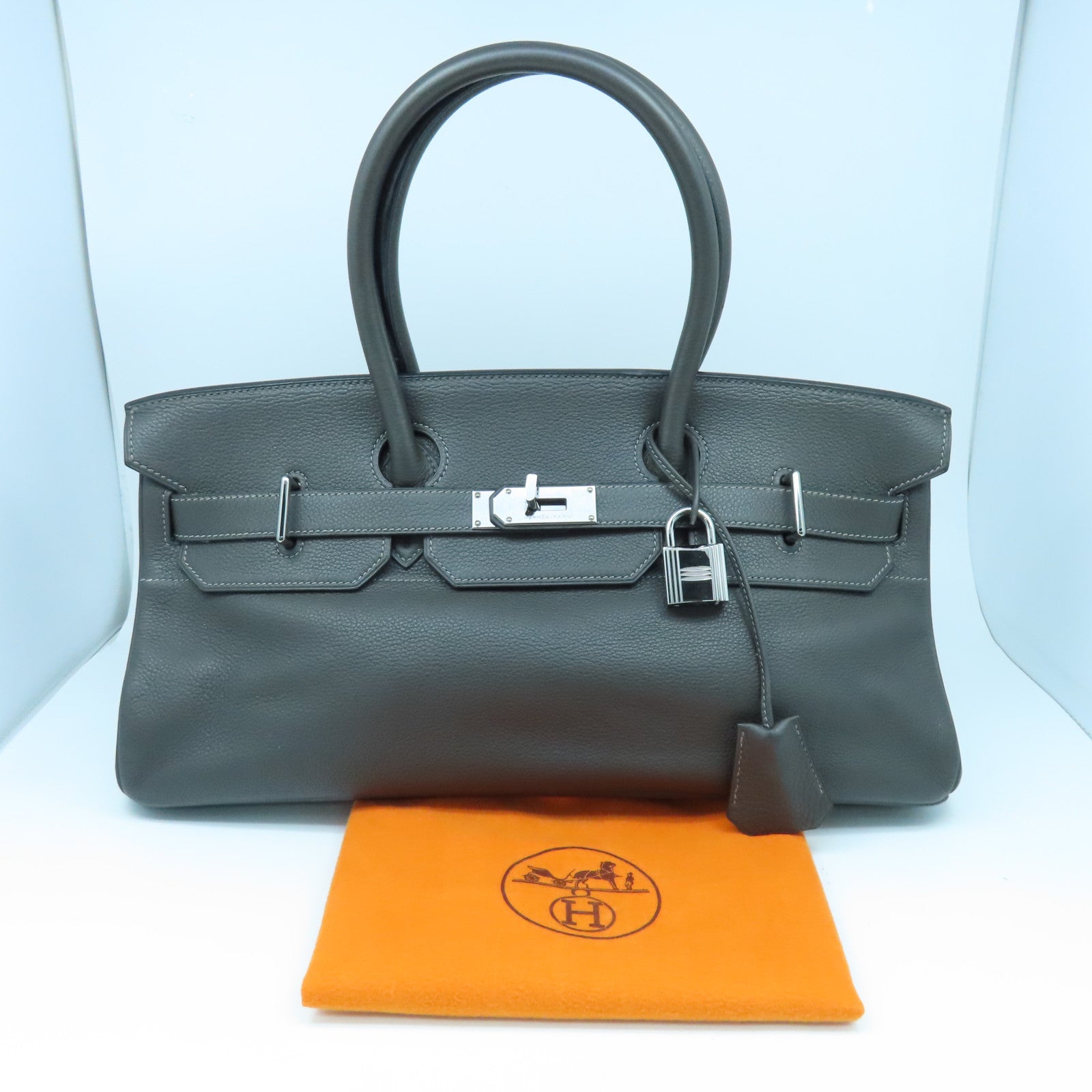 HERMES Clemence皮革Shoulder Birkin銀扣肩背袋灰色