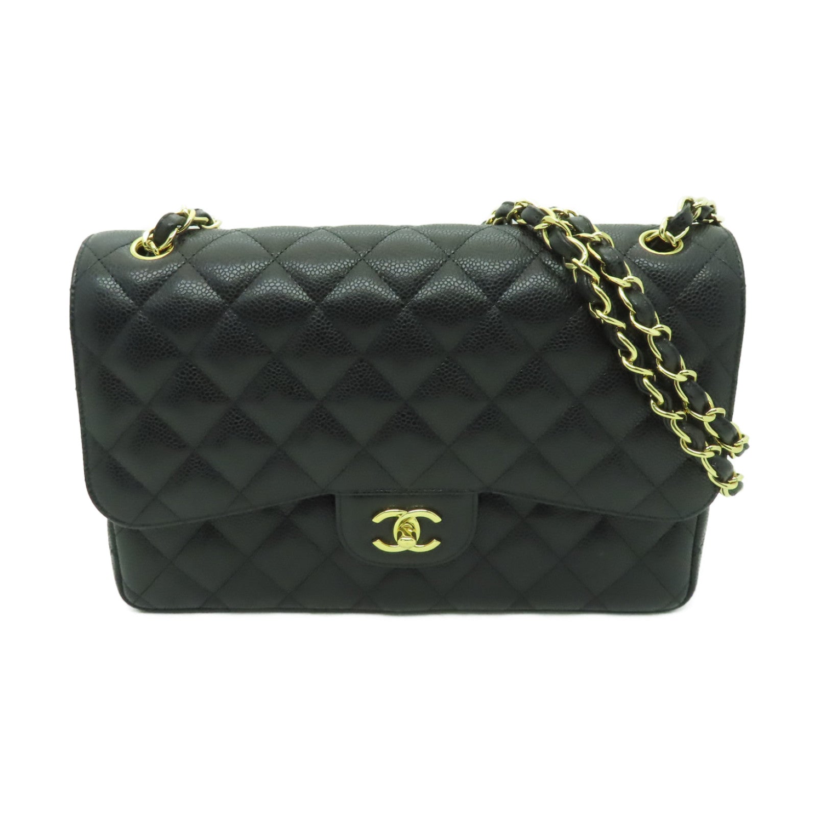 CHANEL 菱格Caviar皮革Classic Flap 30金扣鏈帶肩背袋黑色