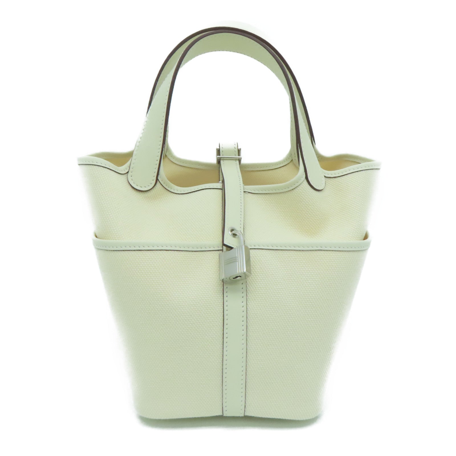 HERMES Toile Canvas Picotin Cargo银扣手挽袋白色/Nata