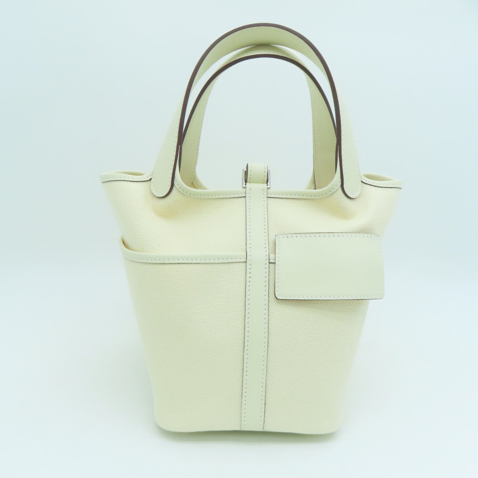HERMES Toile Canvas Picotin Cargo银扣手挽袋白色/Nata