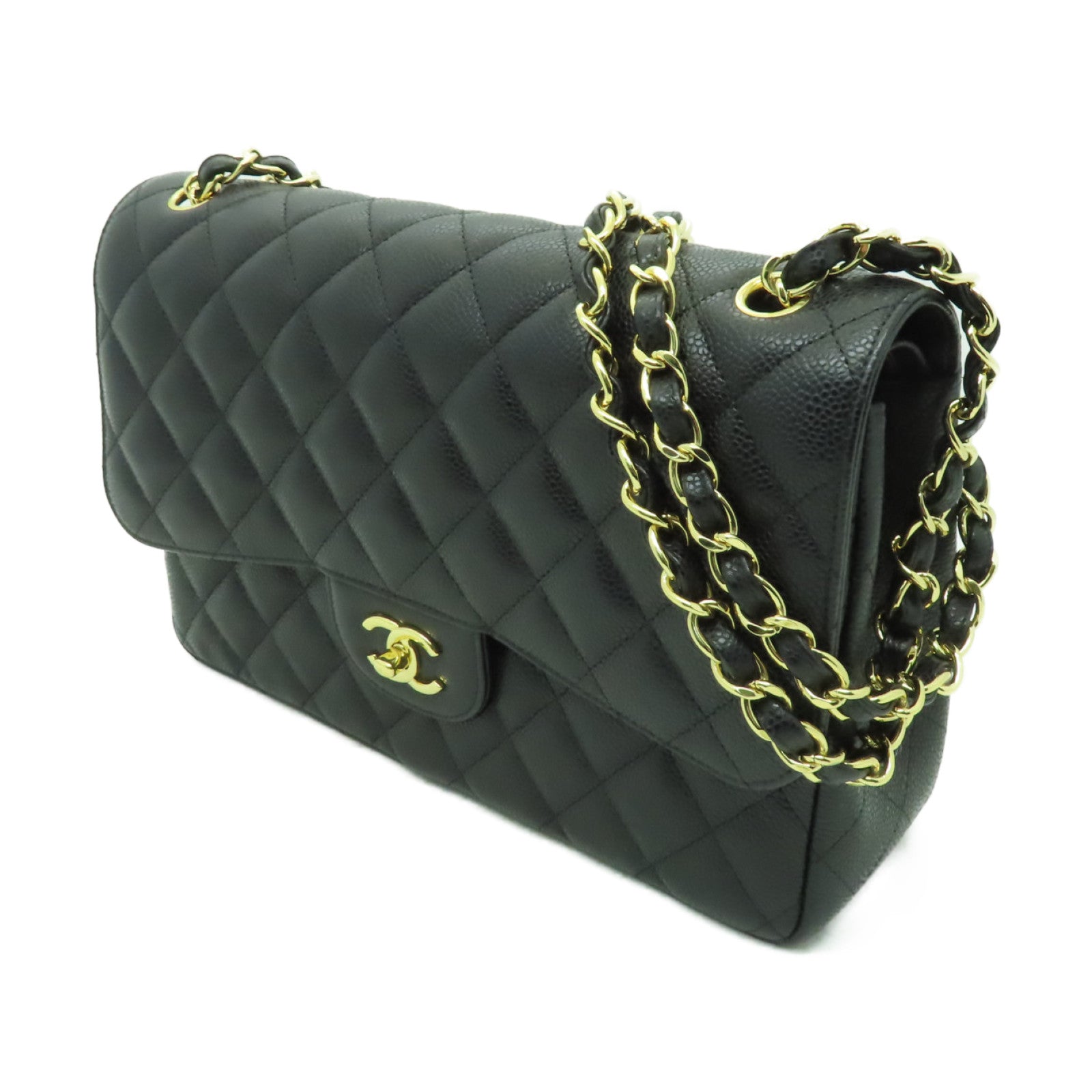 CHANEL 菱格Caviar皮革Classic Flap 30金扣鏈帶肩背袋黑色