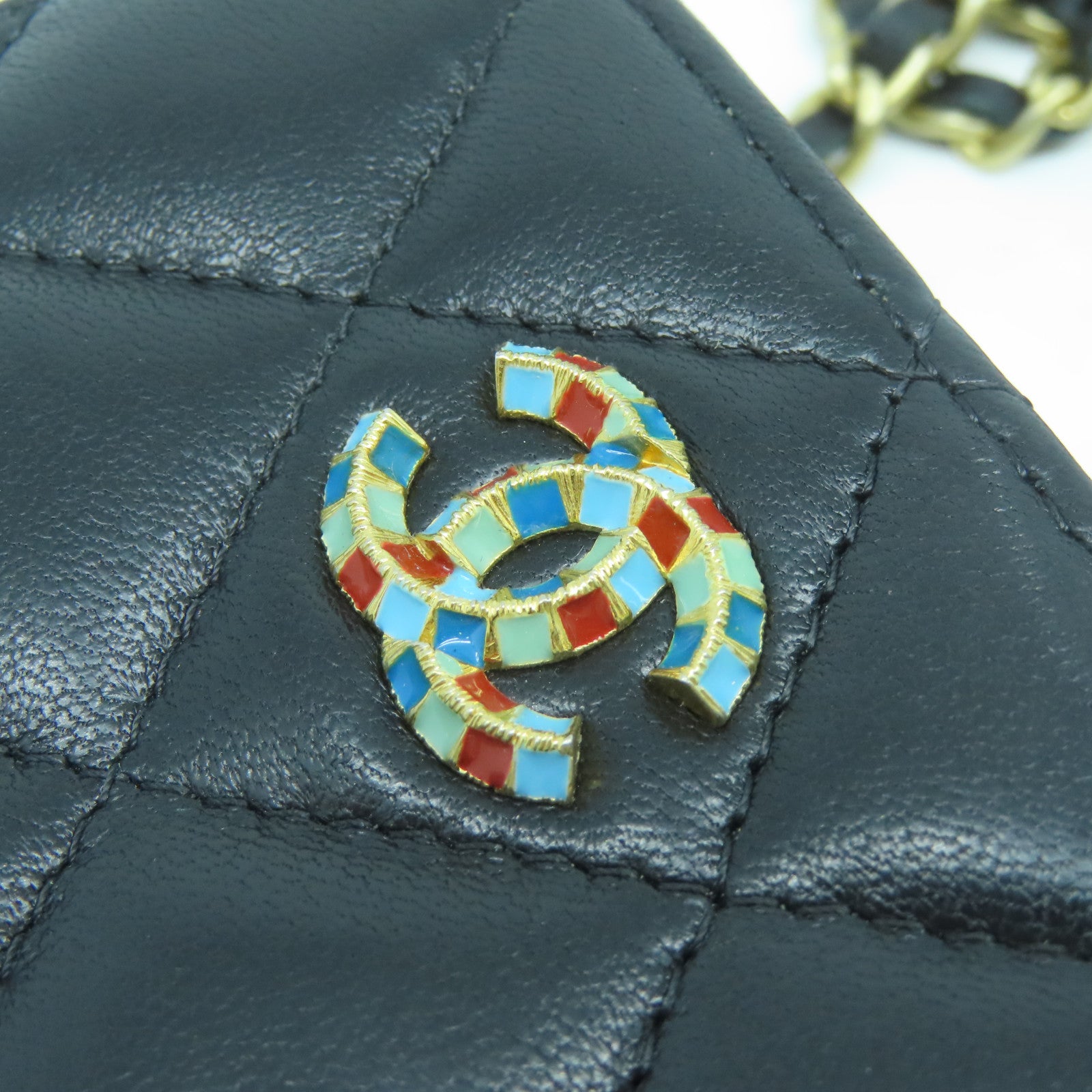 CHANEL 菱格羊皮皮革Shoulder Bag金扣鏈帶肩背袋黑色
