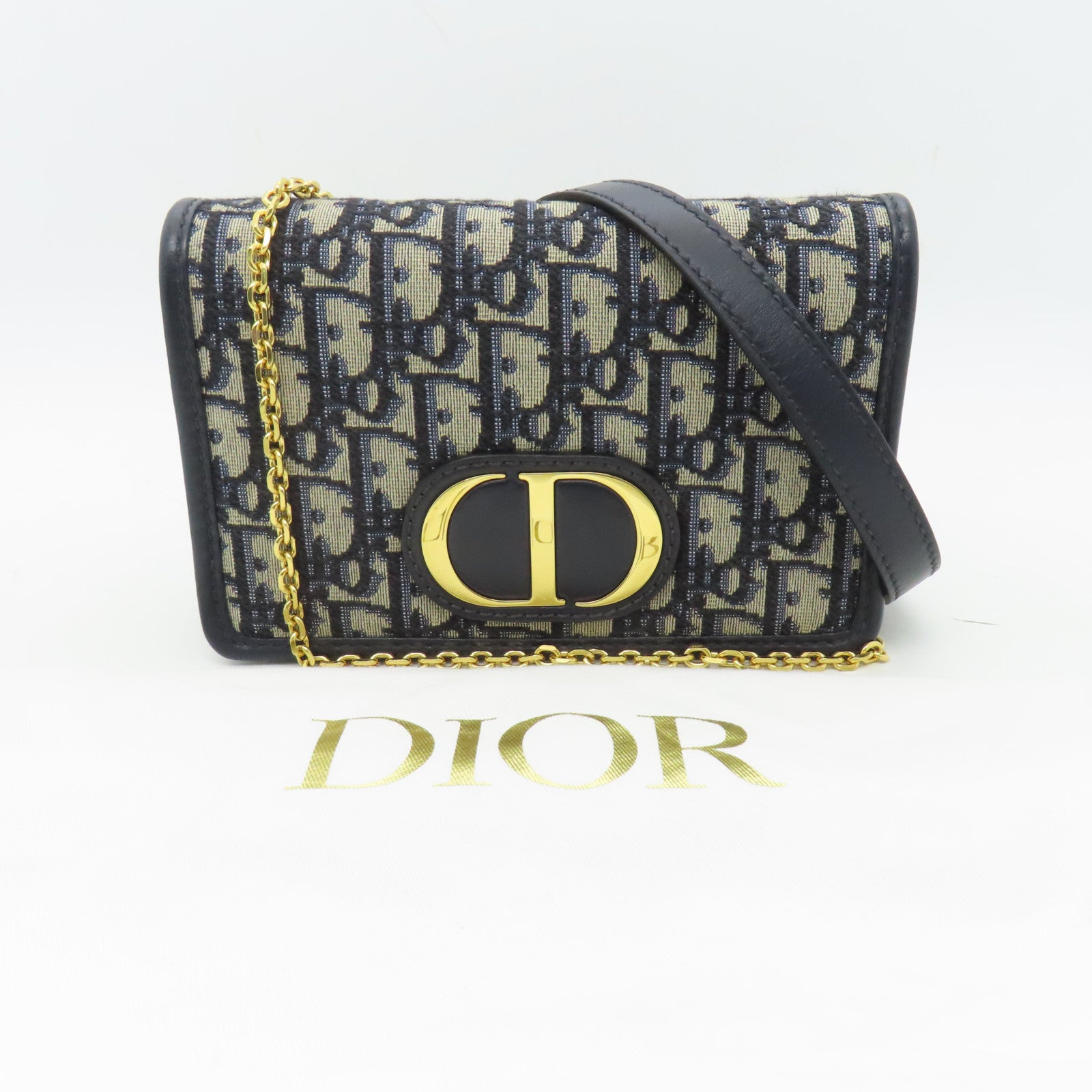 Dior 帆布SLG 30 Montaigne Pouch金扣鏈帶肩背袋/腰包深藍色