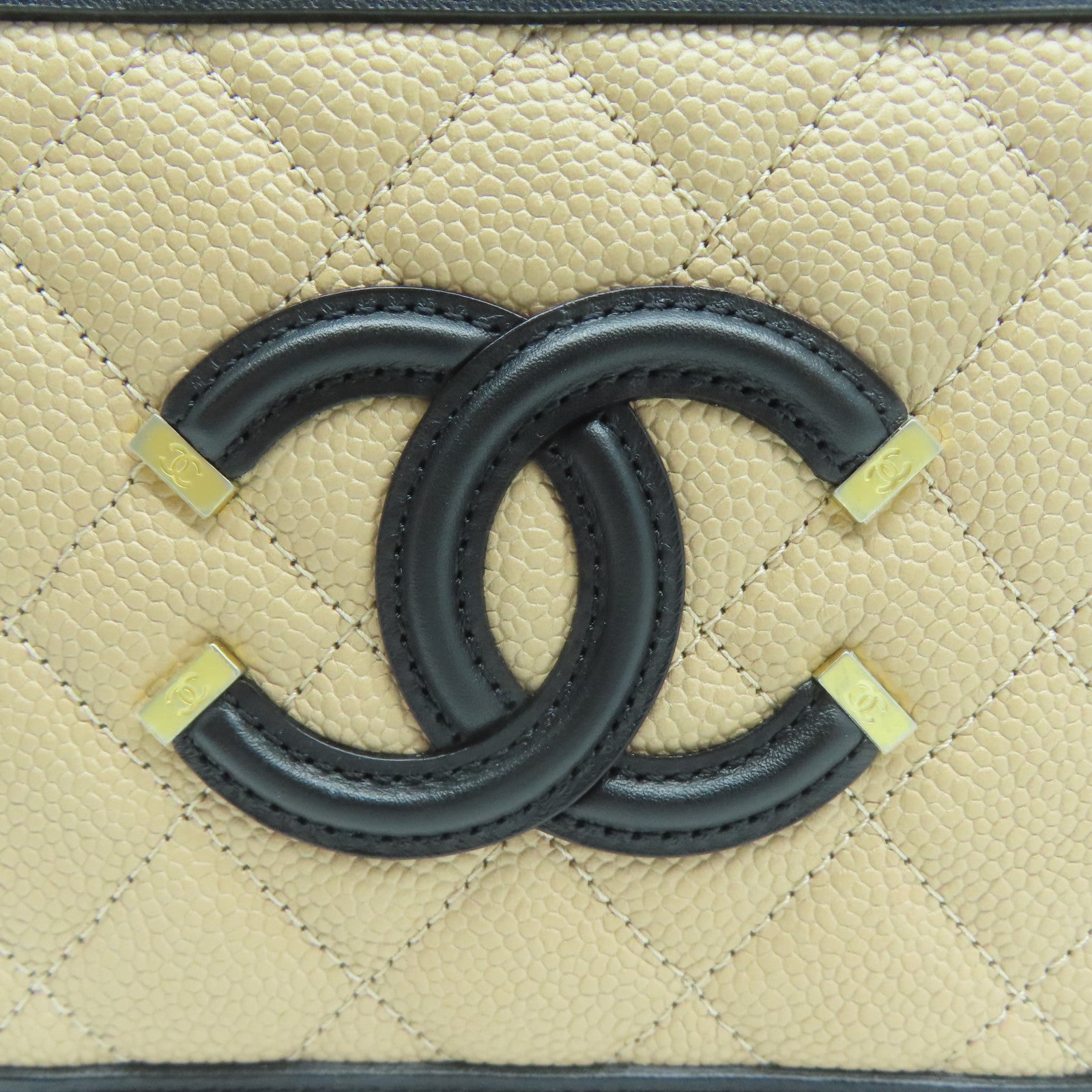 CHANEL 【激減優惠】菱格Caviar皮革Vanity Case金扣手挽肩背兩用袋淺褐色