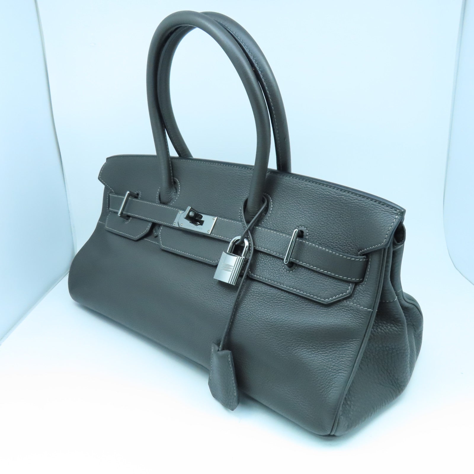HERMES Clemence皮革Shoulder Birkin銀扣肩背袋灰色