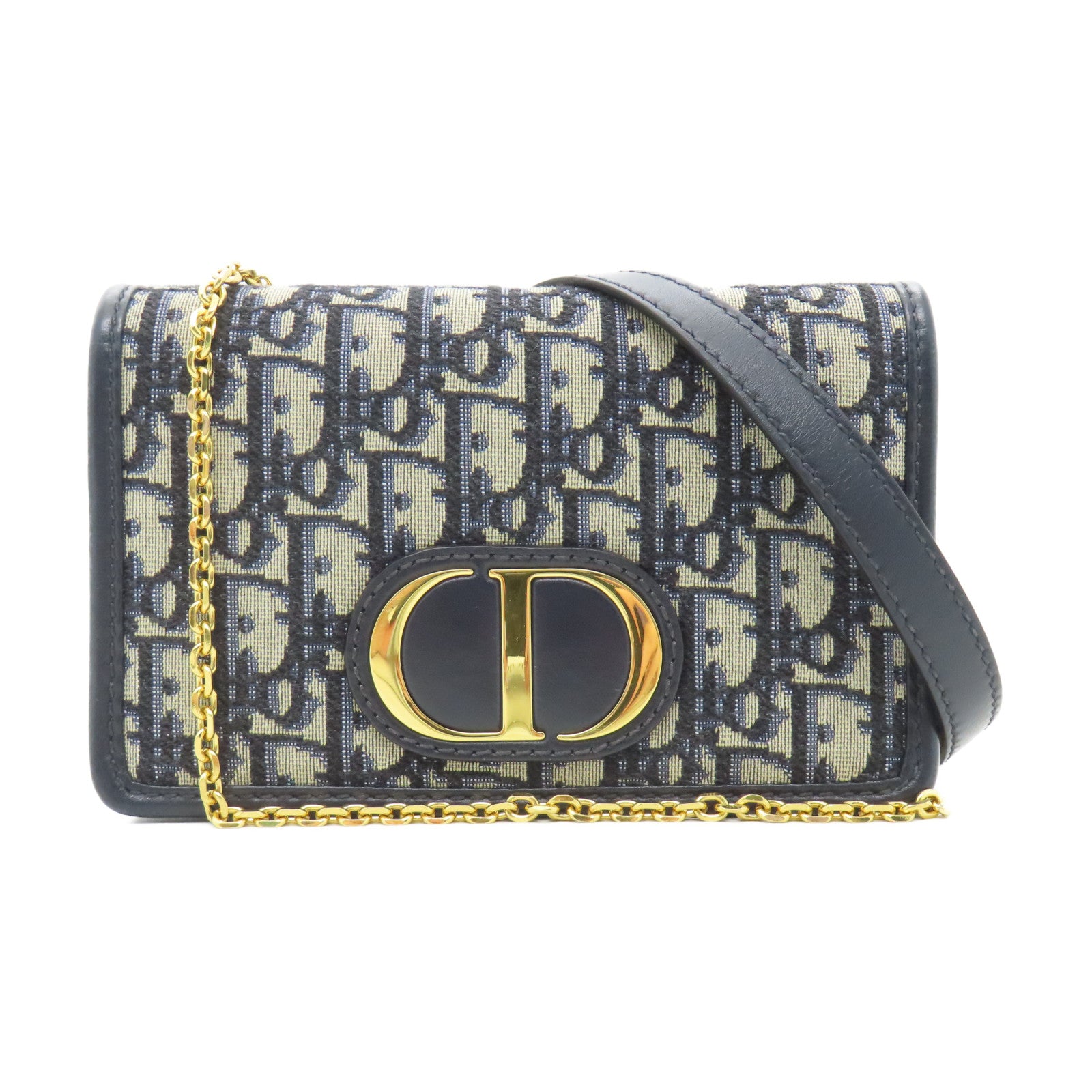 Dior 帆布SLG 30 Montaigne Pouch金扣鏈帶肩背袋/腰包深藍色