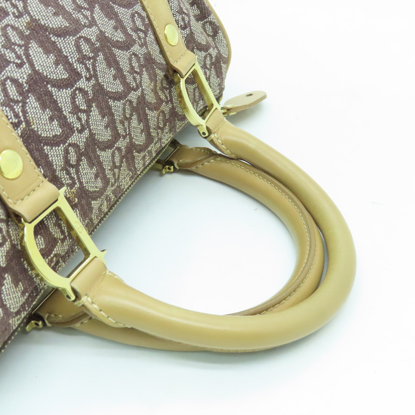 Dior canvas Boston Bag gold buckle handle bag brown