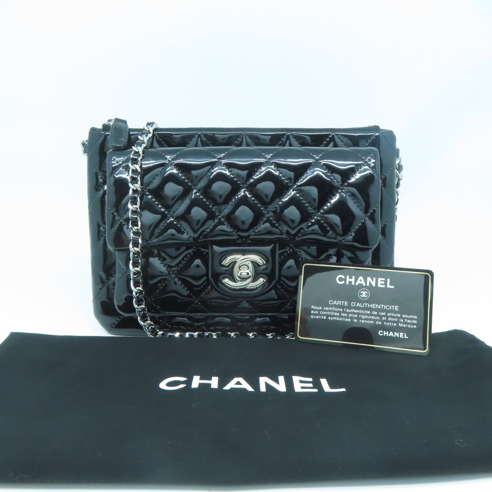CHANEL 【激減優惠】菱格漆皮皮革Chain Shoulder銀扣鏈帶肩背袋黑色