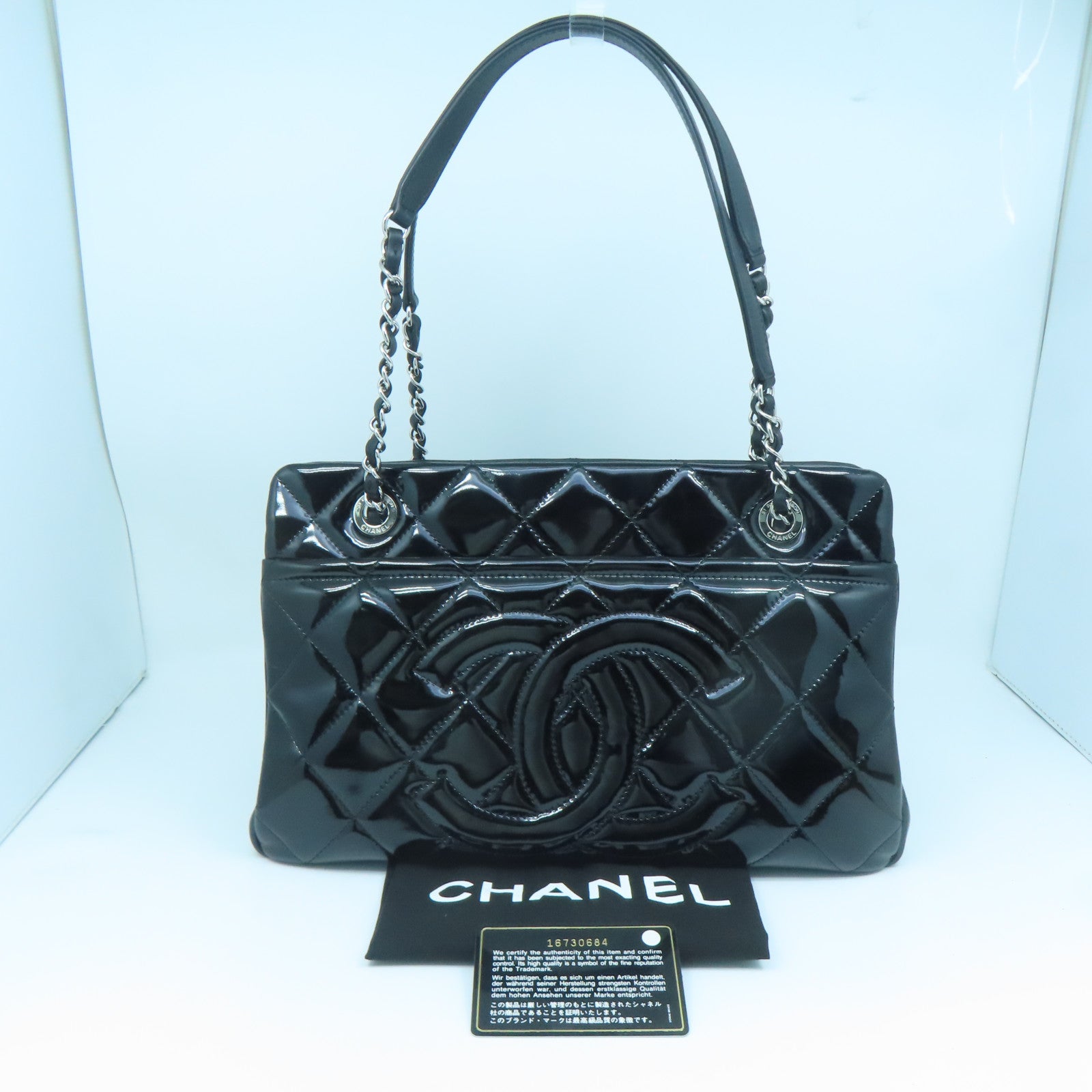 CHANEL 菱格漆皮皮革Chain Shoulder Bag銀扣鏈帶肩背袋黑色