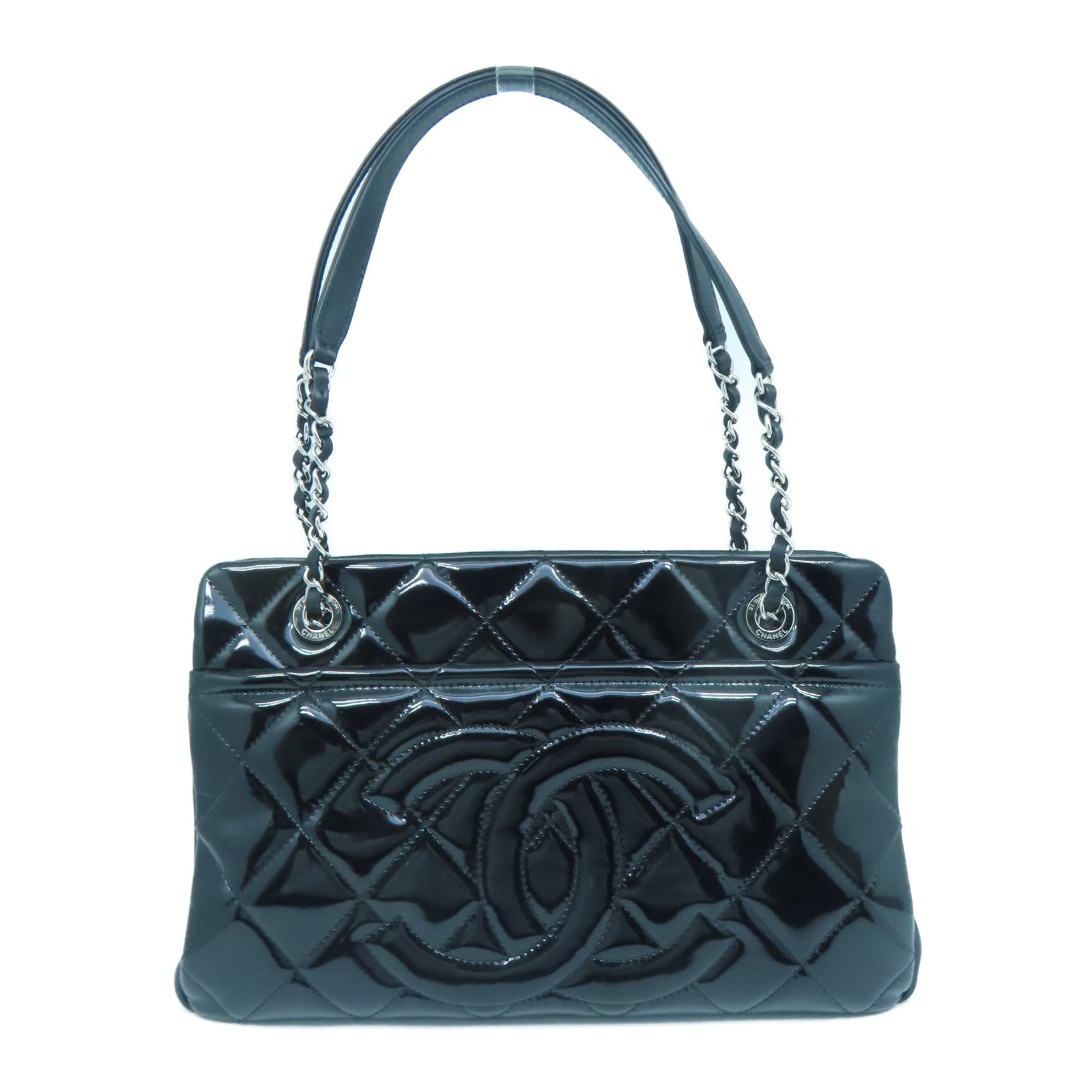 CHANEL 菱格漆皮皮革Chain Shoulder Bag銀扣鏈帶肩背袋黑色