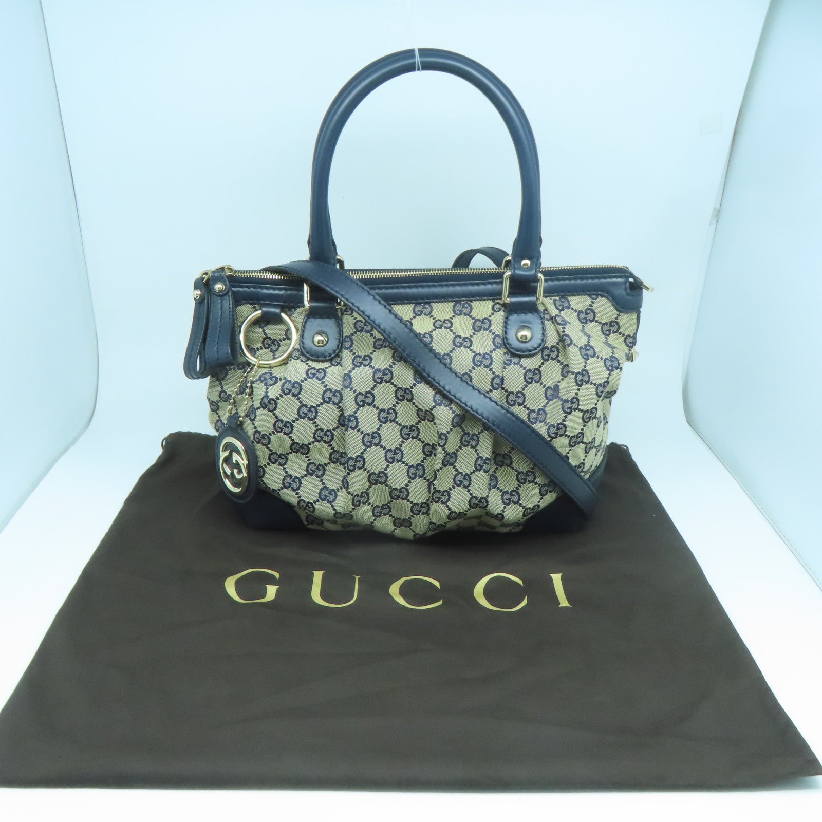 GUCCI 帆布/牛皮皮革Shoulder Bag金扣手挽肩背兩用袋藍色
