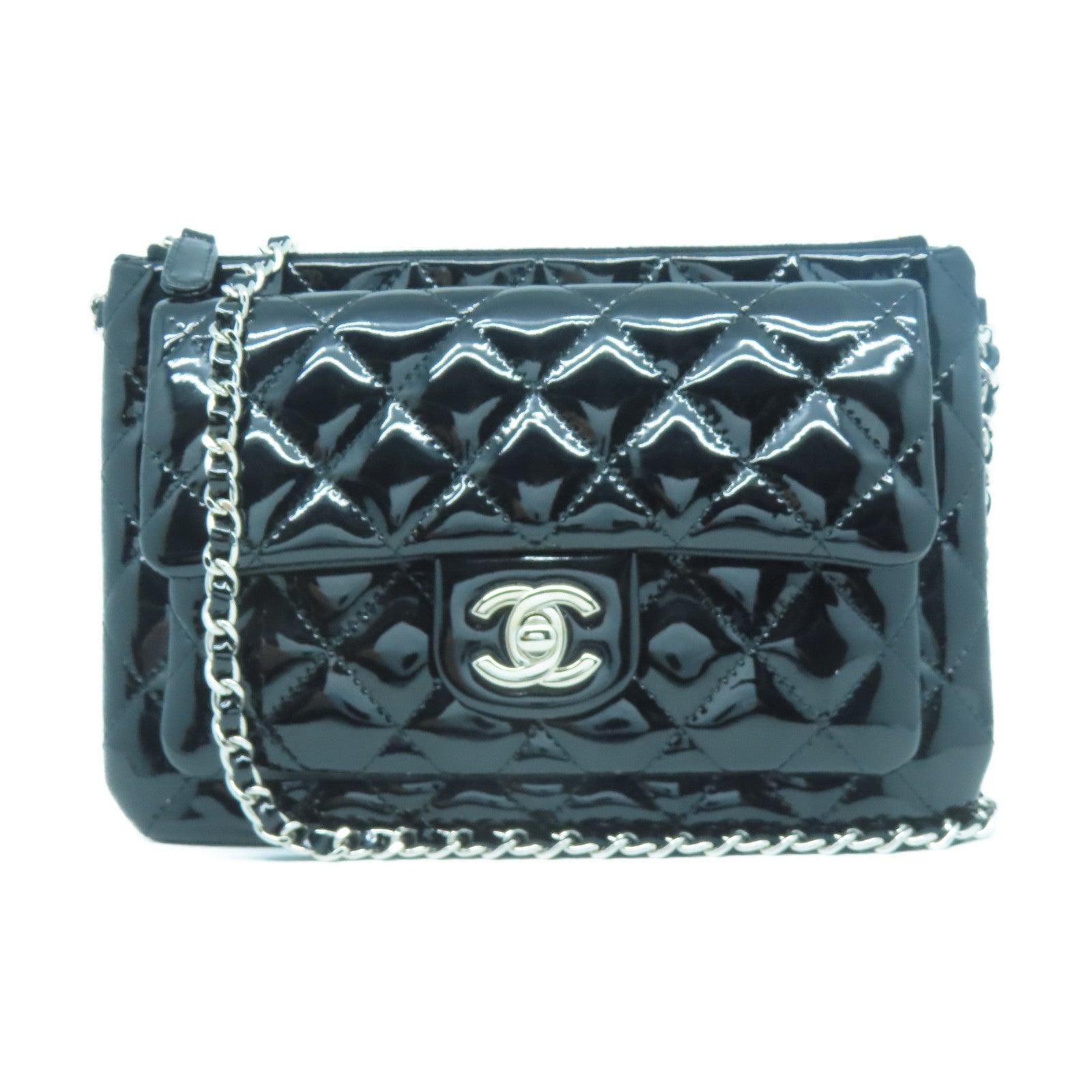 CHANEL 【激減優惠】菱格漆皮皮革Chain Shoulder銀扣鏈帶肩背袋黑色