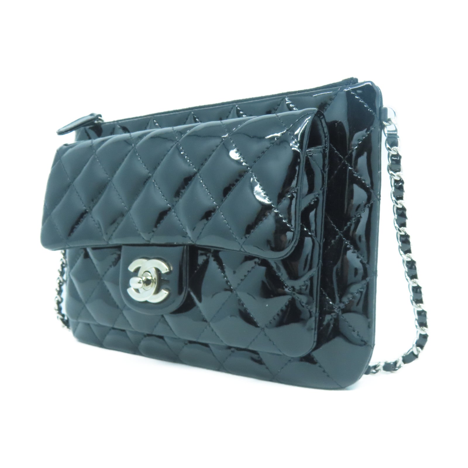 CHANEL 【激減優惠】菱格漆皮皮革Chain Shoulder銀扣鏈帶肩背袋黑色