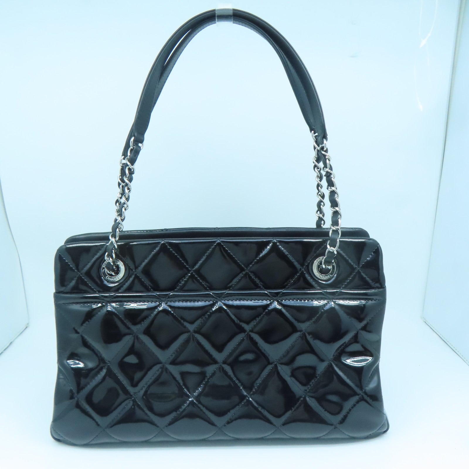 CHANEL 菱格漆皮皮革Chain Shoulder Bag銀扣鏈帶肩背袋黑色